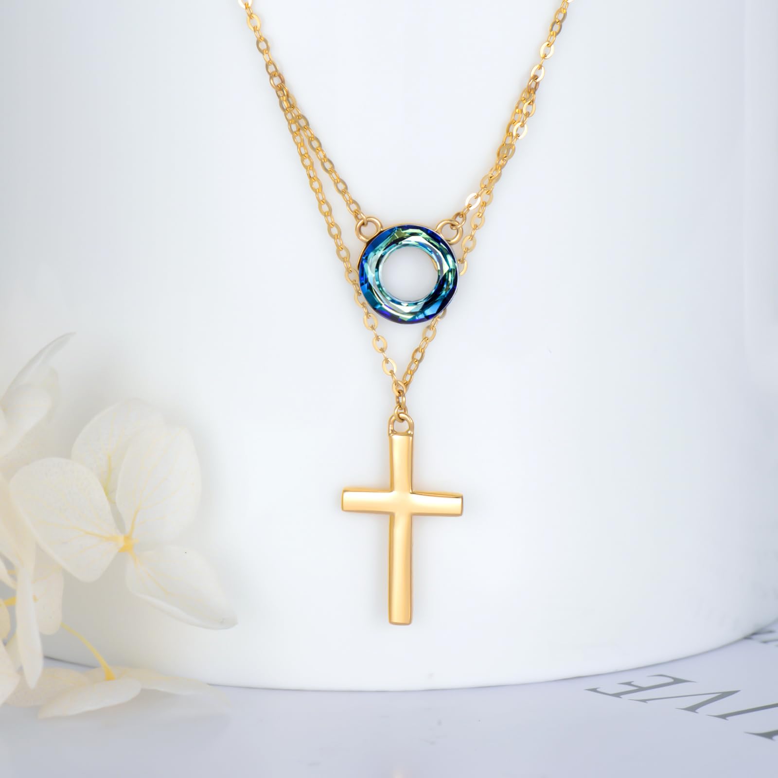 14K Yellow Gold Cross Pendant Necklace for Women - Religious Evil Eye & Gemstone Jewelry Gift (16+2 Inch) - Perfect for Mother's Day, Christmas & Faith-Based Occasions