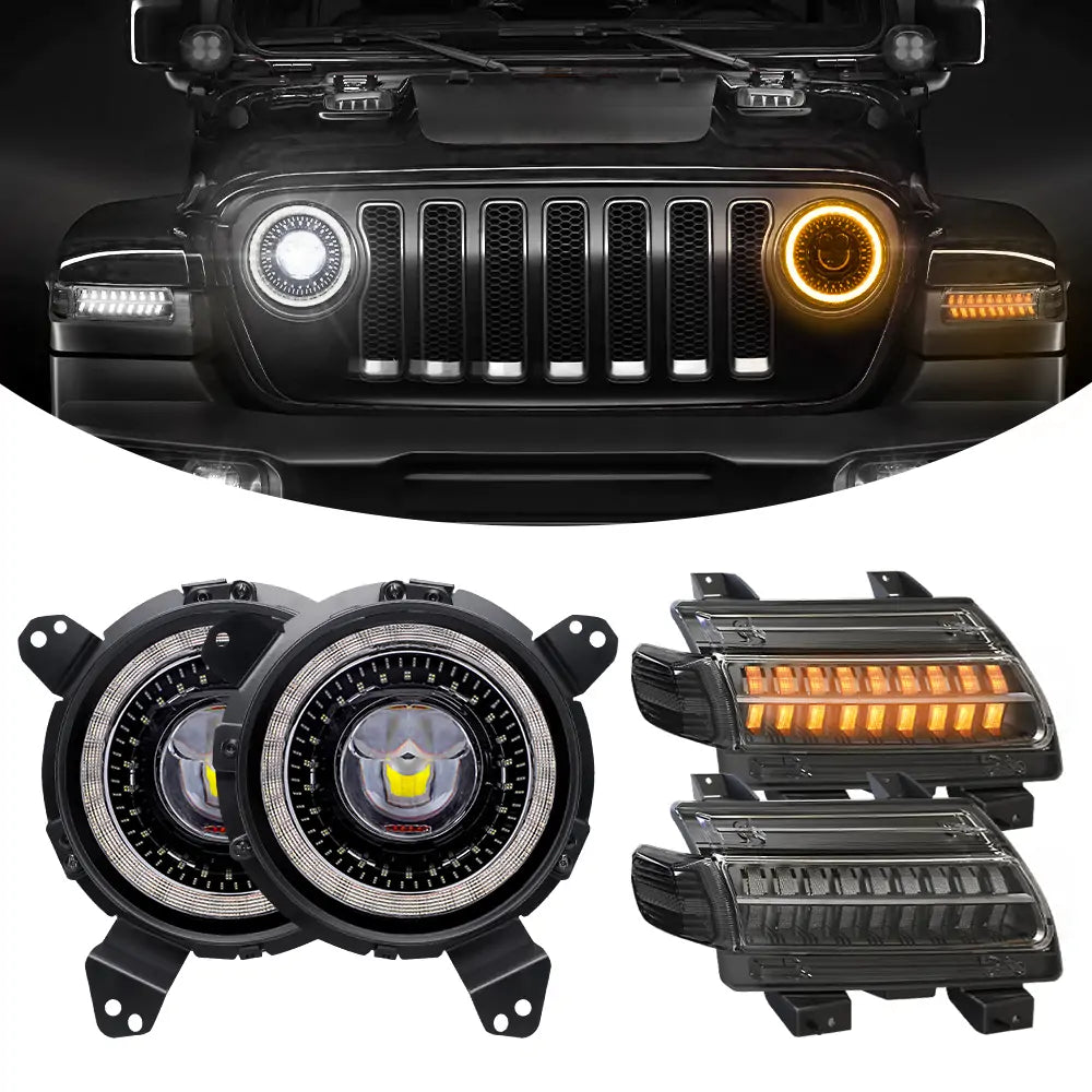 7'' LED Headlights & 9'' Bracket Ring with Fender Turn Signal Lights - Compatible with 2018-2023 Jeep Wrangler JL & Gladiator JT - Off-Road Adventure & Night Driving Upgrade