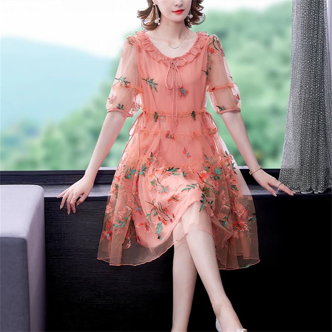 Floral Embroidery Mesh Ruffled Collar Midi Dress for Women - Summer Hollow Out Sexy Korean Style Elegant Dress for Date Night, Wedding Guest & Vacation Outfits