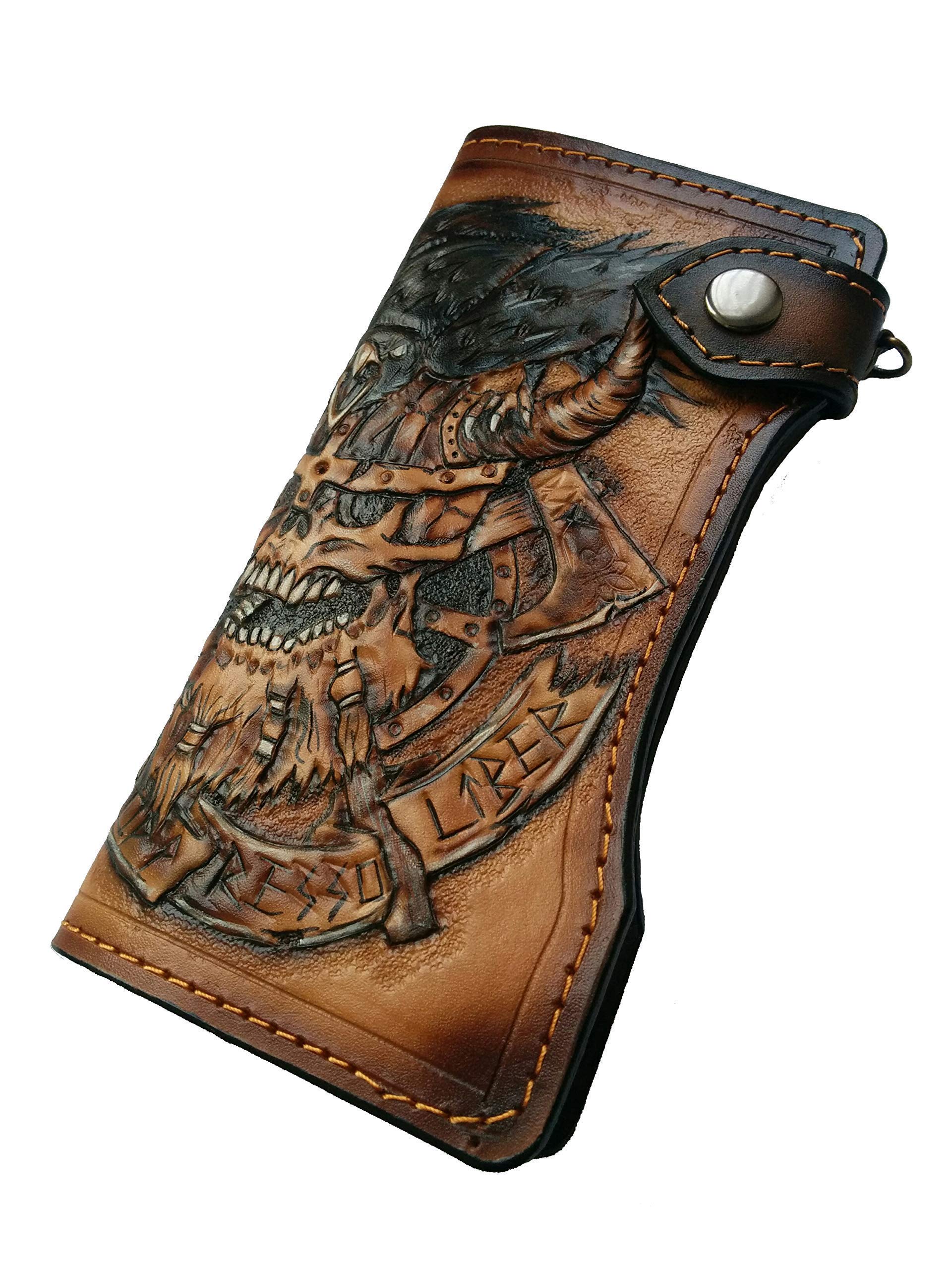 Handmade 3D Genuine Leather Biker Wallet for Men - Viking Skull & Crow Design with Rune Carvings - Custom Personalized Long Wallet for Motorcycle Enthusiasts & Gift Giving