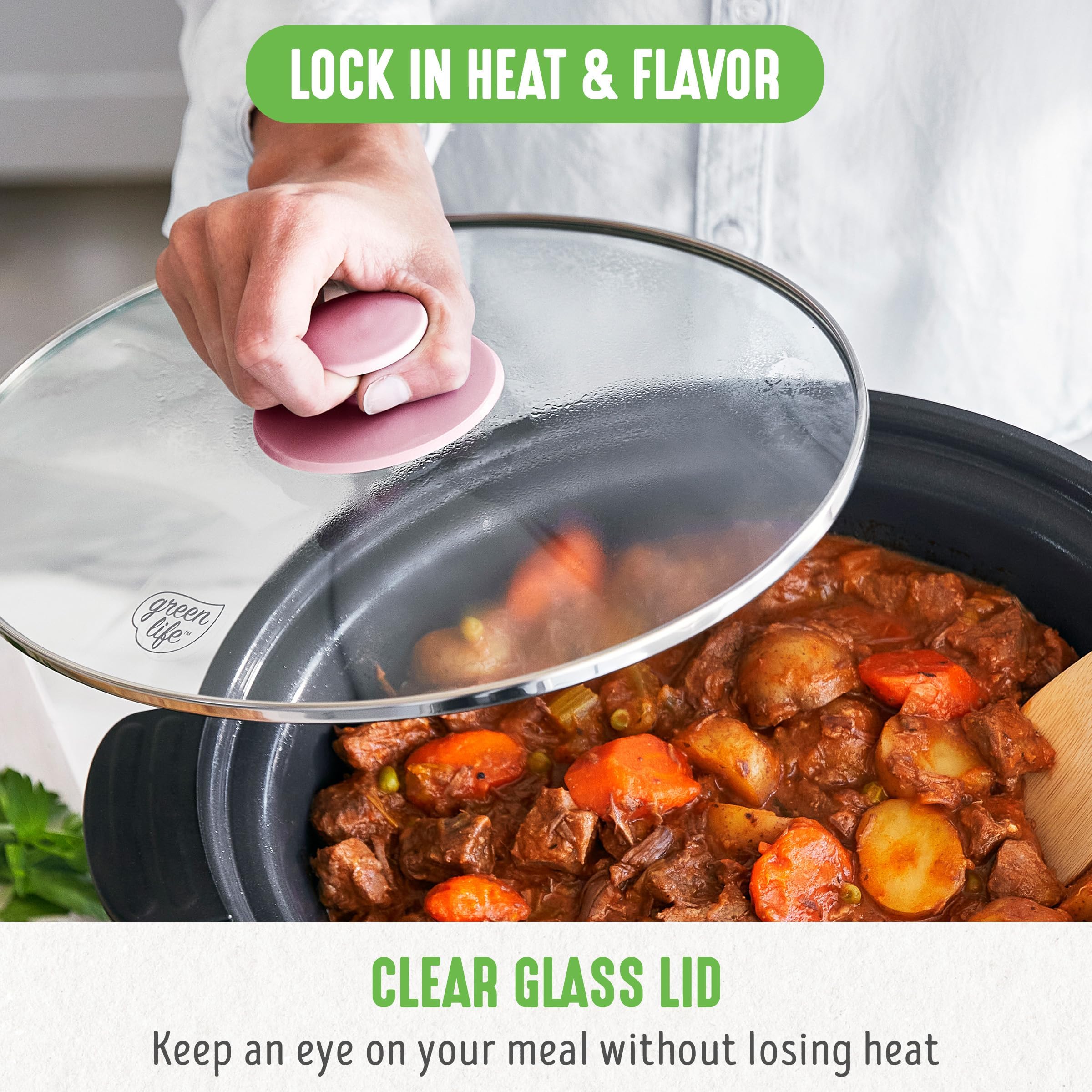 GreenLife 6 Quart Ceramic Slow Cooker | PFAS-Free Programmable Crock Pot with Removable Nonstick Pot & Digital Timer | Stovetop Safe, Dishwasher Safe Glass Lid | Perfect for Family Dinners, Meal Prep & Holiday Cooking (Pink)
