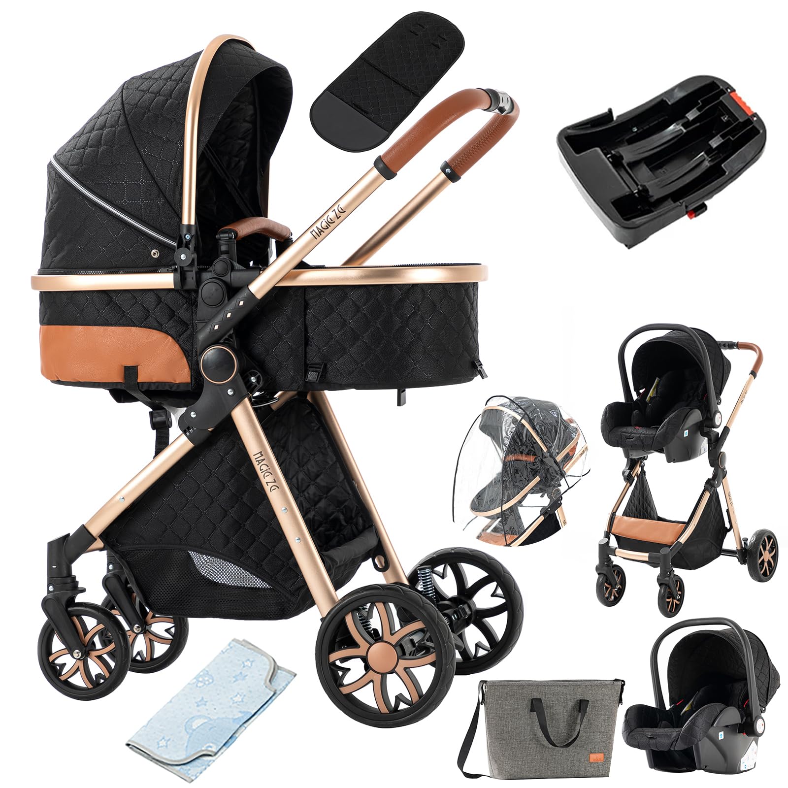 3 in 1 Baby Travel System - Reversible Stroller with Foldable Design & Luxury Pram for Newborn to Toddler | Portable Pushchair with Base | Perfect for Shopping, Travel & Outdoor Walks (UDV9-BLACKGOLD)