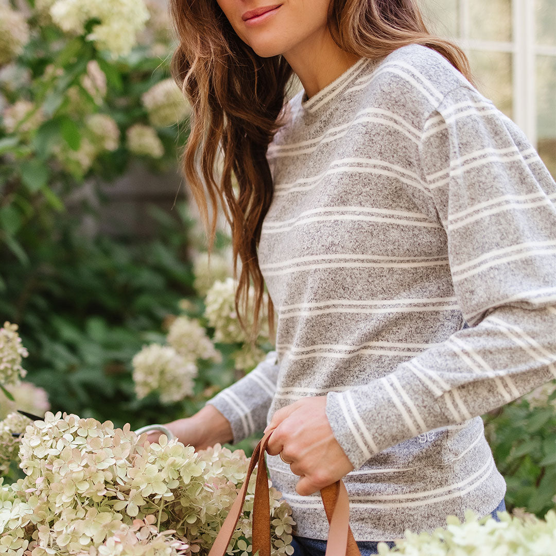 Stylish Grey and White Striped Long Sleeve Sweater for Women - Perfect for Fall Fashion & Casual Outfits