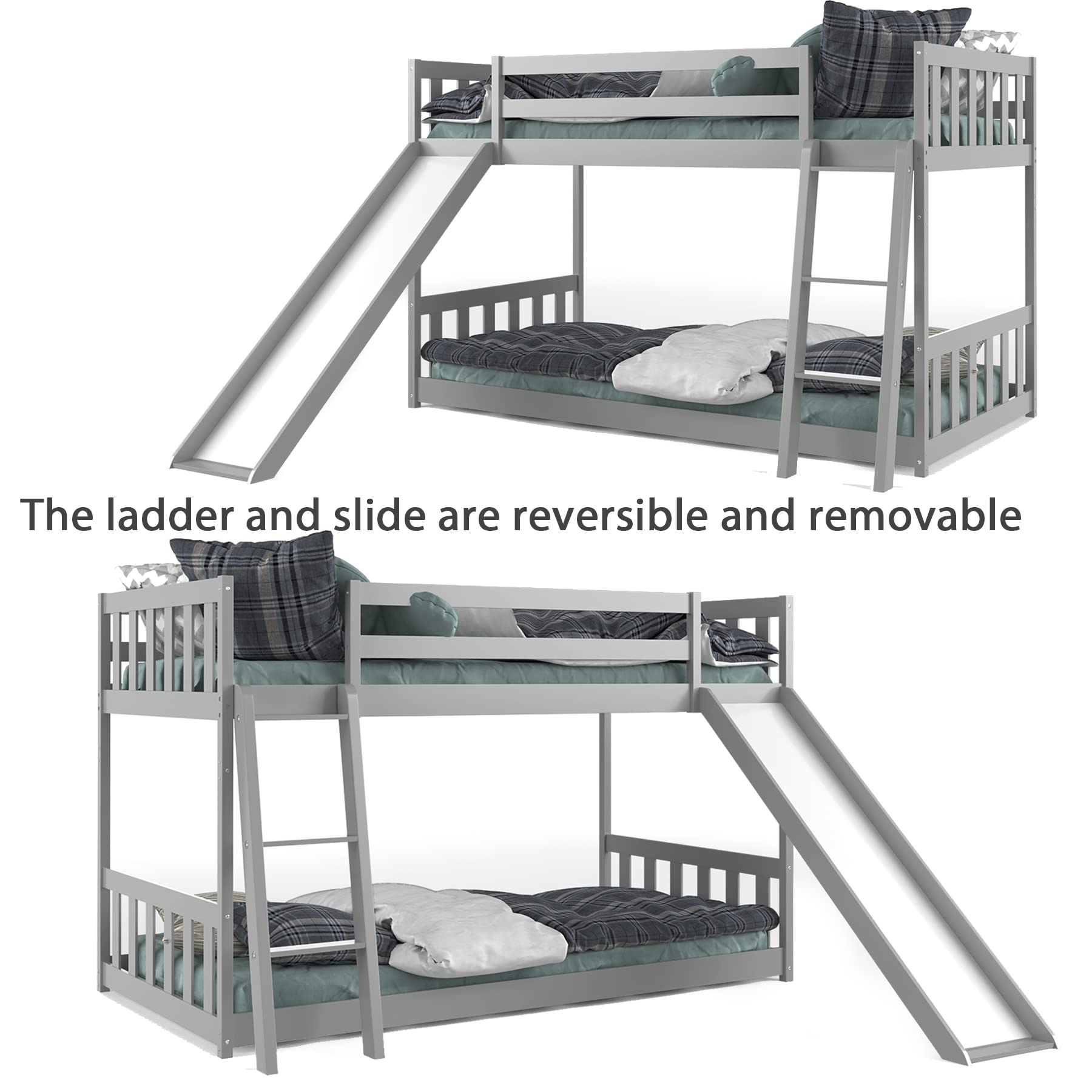 KOMFOTT Twin Over Twin Wood Bunk Bed with Convertible Slide, Inclined Ladder & Safety Guardrails - Space Saving Bed Frame for Teens, Students - Perfect for Small Bedrooms, Dorm Rooms & Kids' Rooms (Gray)