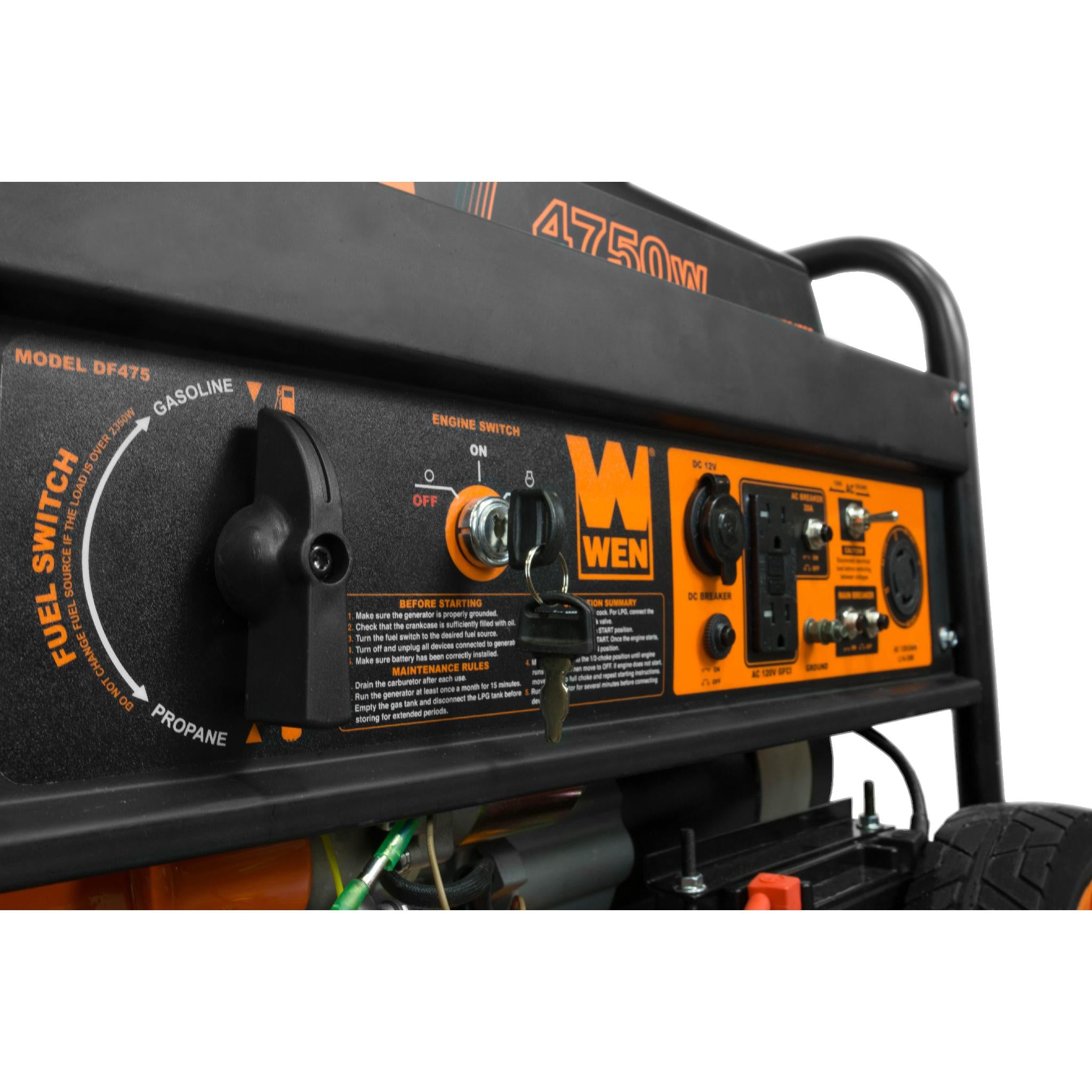 WEN DF475T 4750W Dual Fuel Portable Generator with Wheel Kit & Electric Start - 120V/240V for Camping, Home Backup & Job Sites