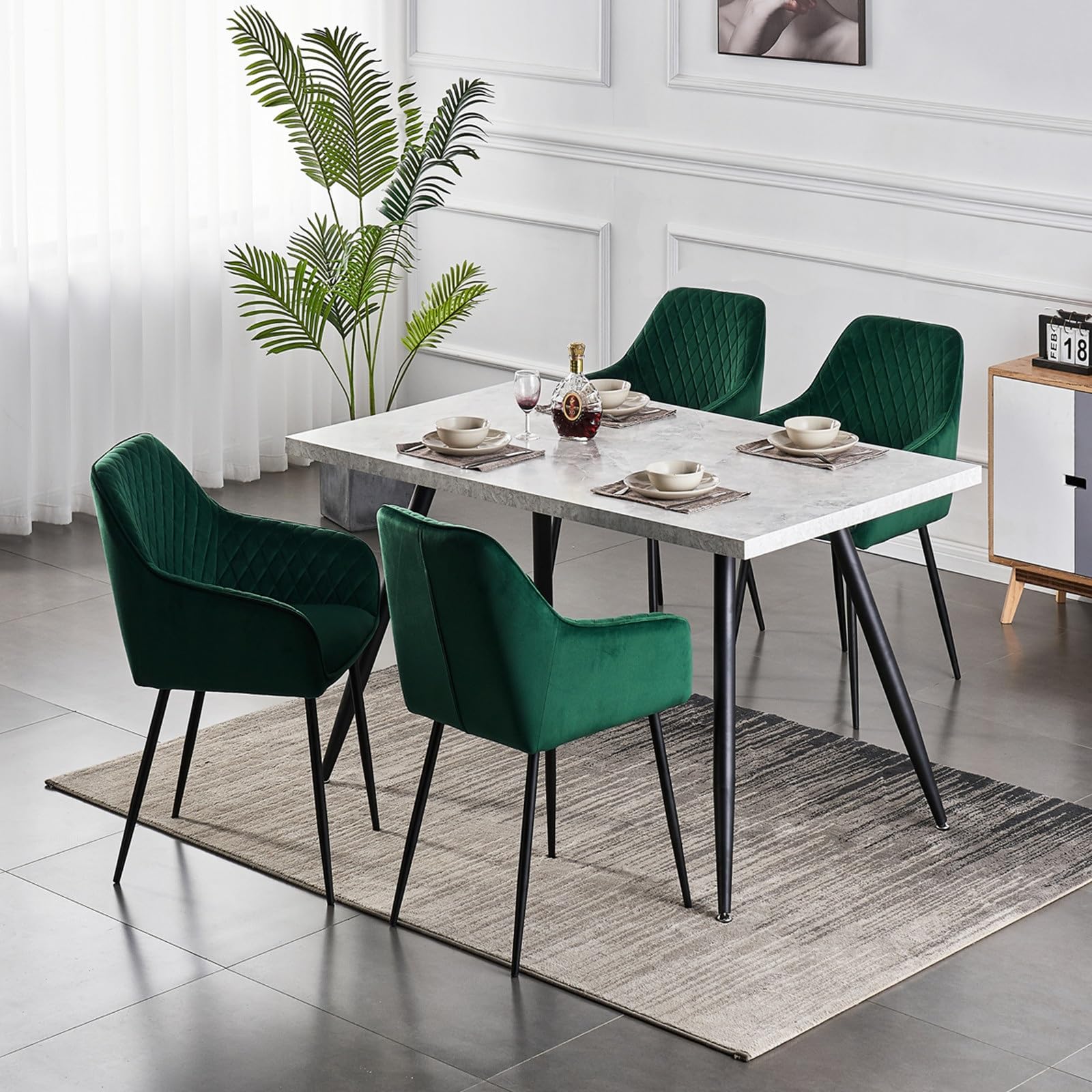 ENJAOUSLF 4-Piece Green Velvet Dining Chairs Set with Black Metal Legs - Modern Upholstered Armchairs for Kitchen, Living Room & Dining Room | Perfect for Home Decor, Entertaining & Small Spaces