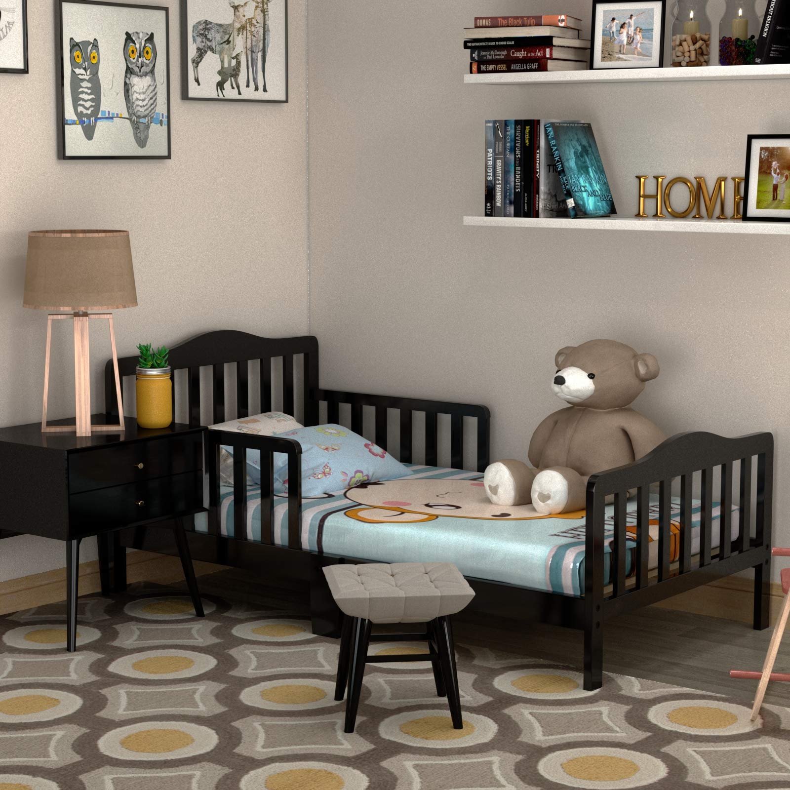 HONEY JOY Toddler Bed Frame - Solid Rubber Wood with Safety Guardrail | Fits Full Size Crib Mattress (Not Included) | Classic Kids Bedroom Furniture for Boys & Girls | Black | Perfect for Nursery, Daycare & Children's Bedrooms