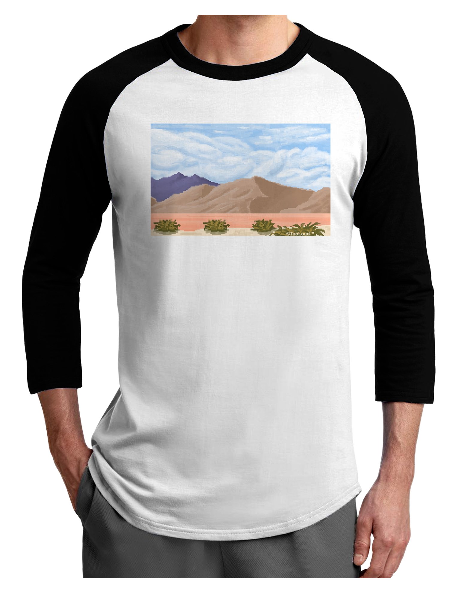 TooLoud Pixel Landscape Desert Print Raglan Shirt for Men & Women - Comfortable Graphic Tee for Gaming, Outdoor Adventures & Casual Wear