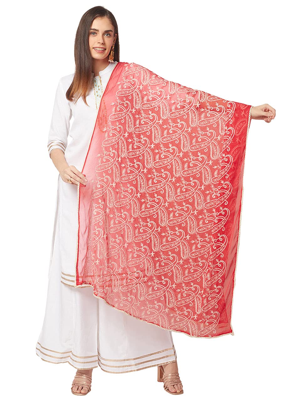 Elegant Red & White Embroidered Chiffon Dupatta Scarf for Women - Perfect for Weddings, Parties & Festive Occasions