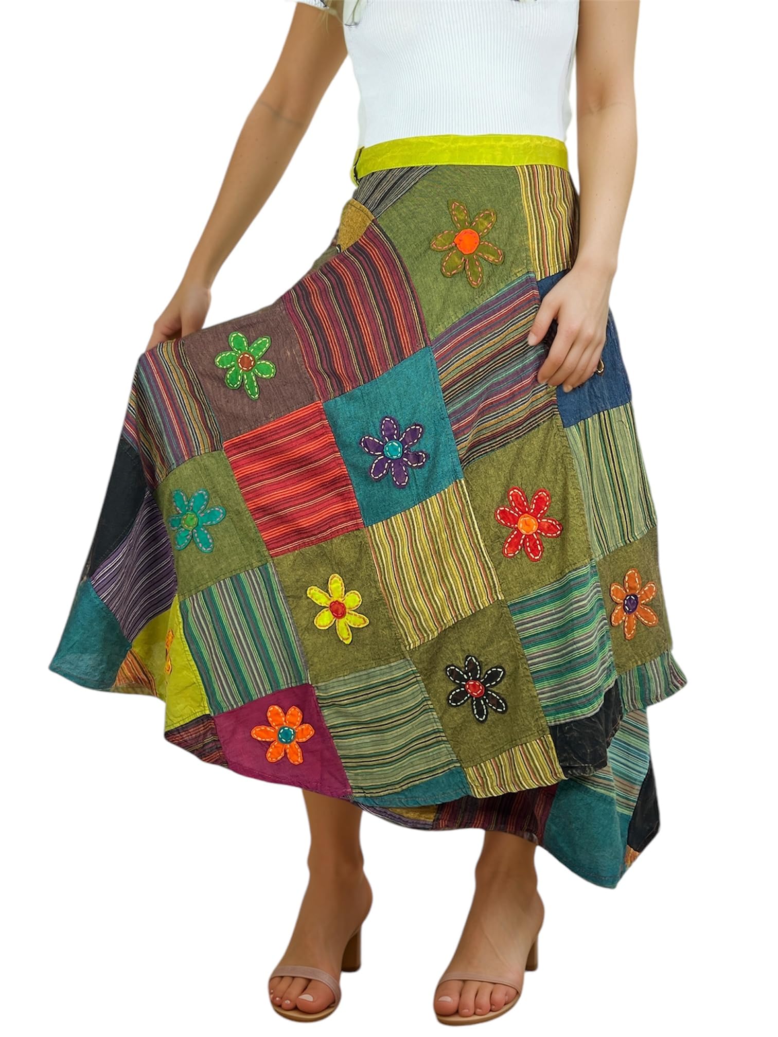 2025 Women's Boho Maxi Skirt - High Waisted Long Bohemian Wrap Skirt with Patched Tie Up for Spring & Fall | Perfect for Beach Vacations, Music Festivals & Casual Outings
