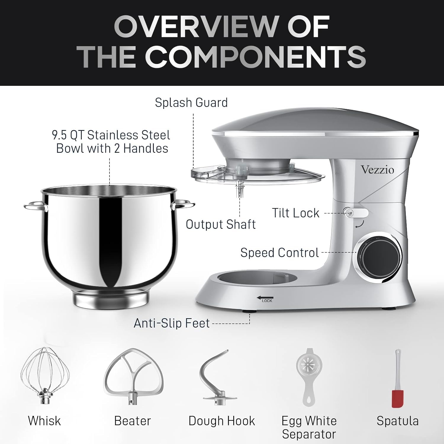 Vezzio 660W 10-Speed Tilt-Head Stand Mixer with 9.5 Qt Stainless Steel Bowl - Dishwasher-Safe Attachments for Baking, Whipping & Kneading - Perfect for Home Bakers & Cooking Enthusiasts (Silver)