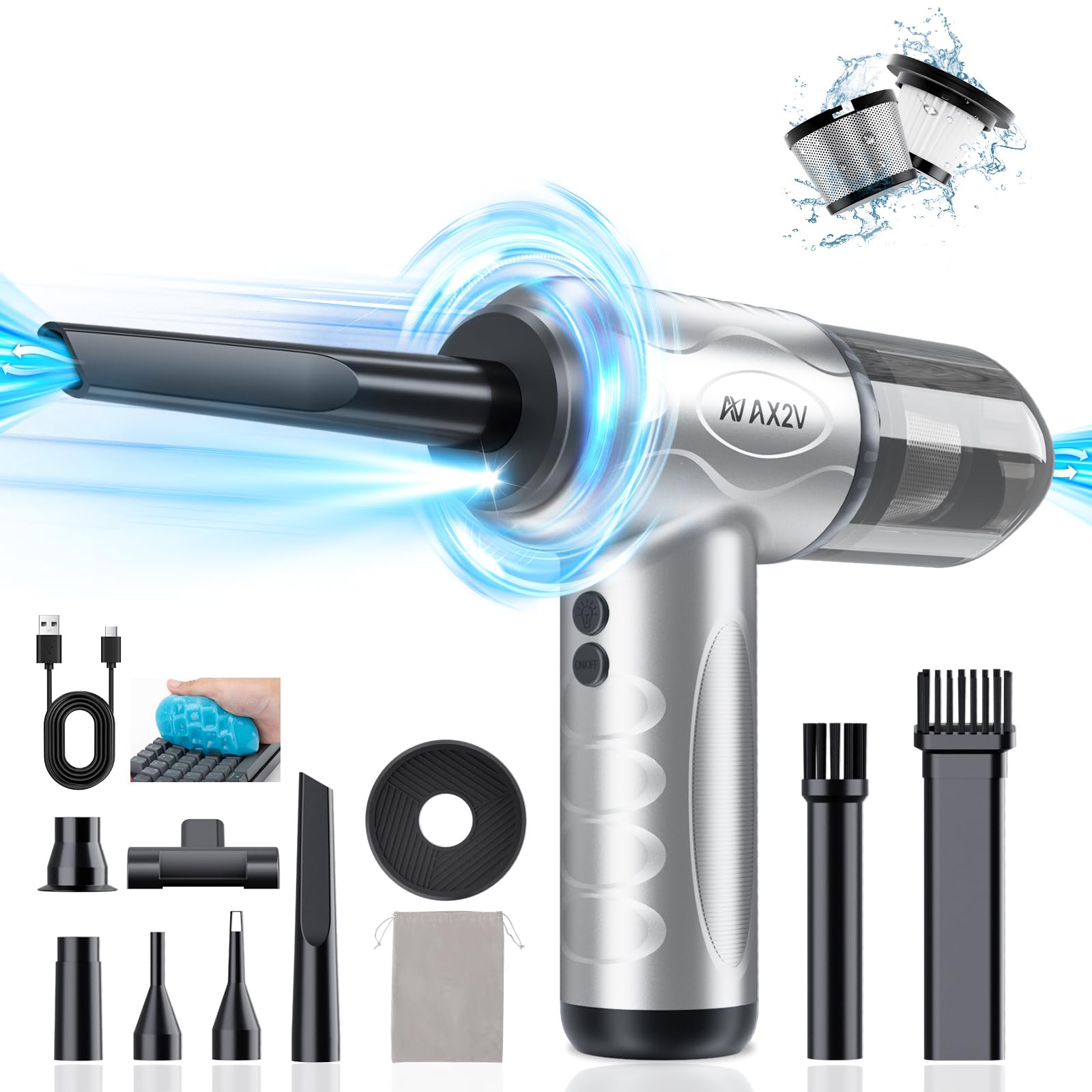 AX2V 120000RPM 4-in-1 Compressed Air Duster & Vacuum Cleaner with Air Blower - Keyboard Cleaner for PC, Laptop, Electronics - Includes Cleaning Gel for Car, Home & Office Detail Cleaning - Perfect for Computer Maintenance, Car Detailing & Workspace Organization