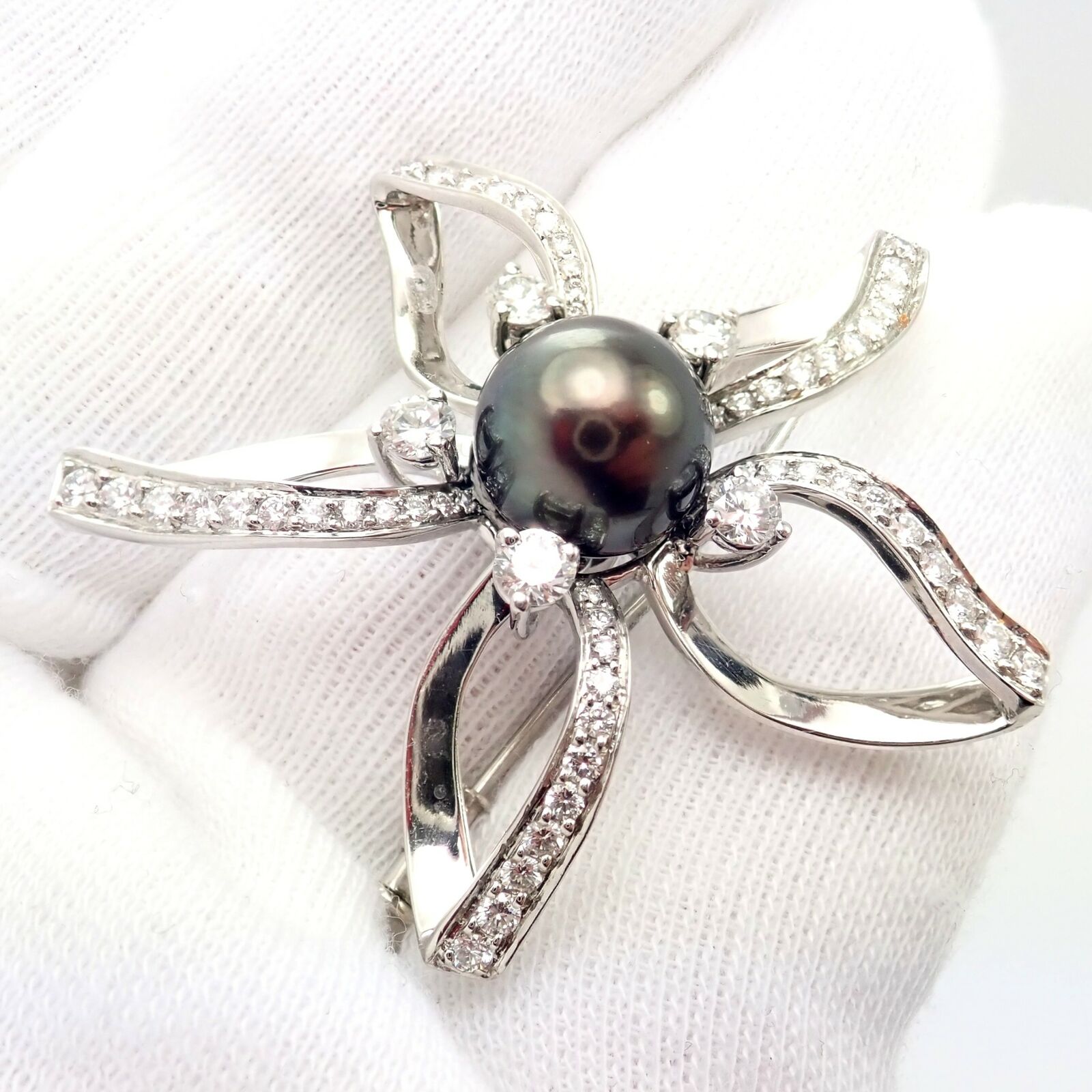 Authentic Mikimoto Platinum Diamond Tahitian South Sea Pearl Brooch Pin - Luxury Pearl Jewelry for Women, Elegant Gift for Special Occasions, Perfect for Weddings, Anniversaries and Formal Events