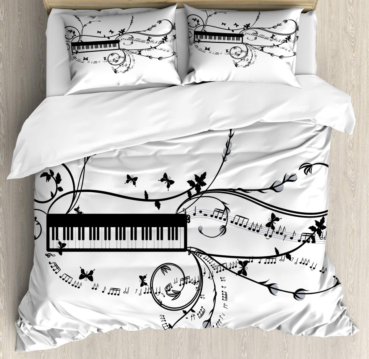 Ambesonne Music Themed Duvet Cover Set - Queen Size 3 Piece Bedding with Keyboard & Musical Note Design in White & Charcoal Grey | Perfect for Musicians' Bedrooms, Music Studio Decor, or Gift for Music Lovers