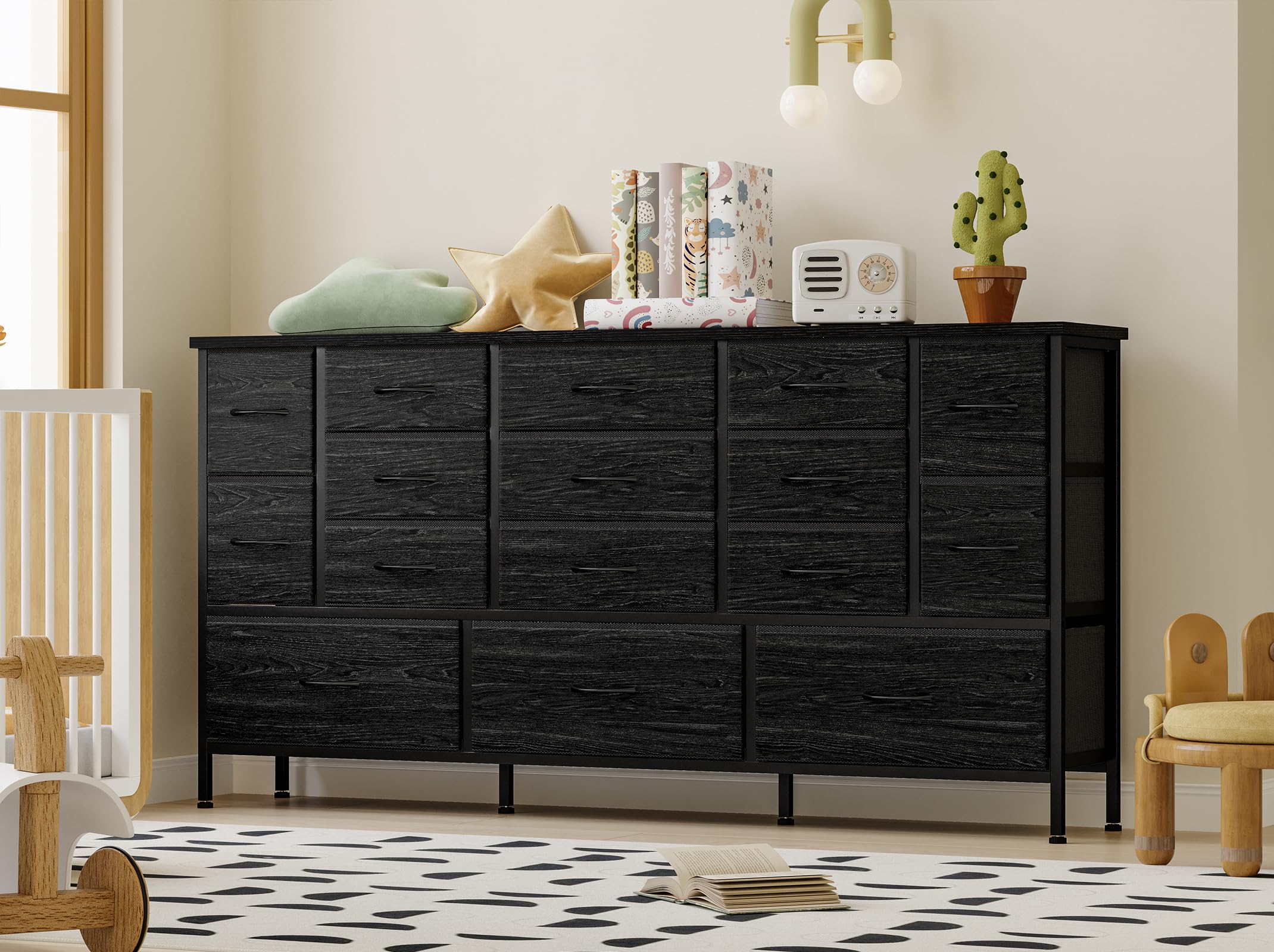 Fixwal 63.3 Inch TV Stand for 65-55 Inch TVs - 16 Drawer Black Dresser with Power Outlets - Modern Fabric Chest of Drawers for Bedroom, Living Room & Entryway - Perfect for TV Storage & Home Organization