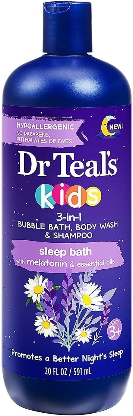 Dr. Teal's Kids 3-in-1 Foaming Bath Gift Set (2 Pack, 20oz Each) - Bubble Bath, Body Wash & Shampoo with Melatonin & Epsom Salt - Hypoallergenic & Nourishing Essential Oils - Perfect for Relaxing Bedtime Routine & Sensitive Skin Care