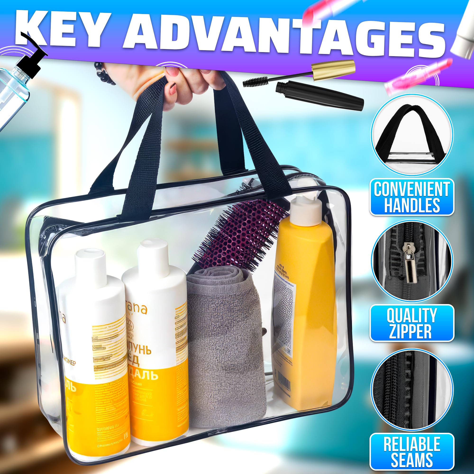 3Pcs Clear Toiletry Bags for Women - TSA Approved Travel Cosmetic Organizer, Waterproof Zippered Makeup Pouches for Airplane Carry On, Perfect for Shampoo Bottles & Skincare Products - Ideal for Airport Security & Weekend Getaways