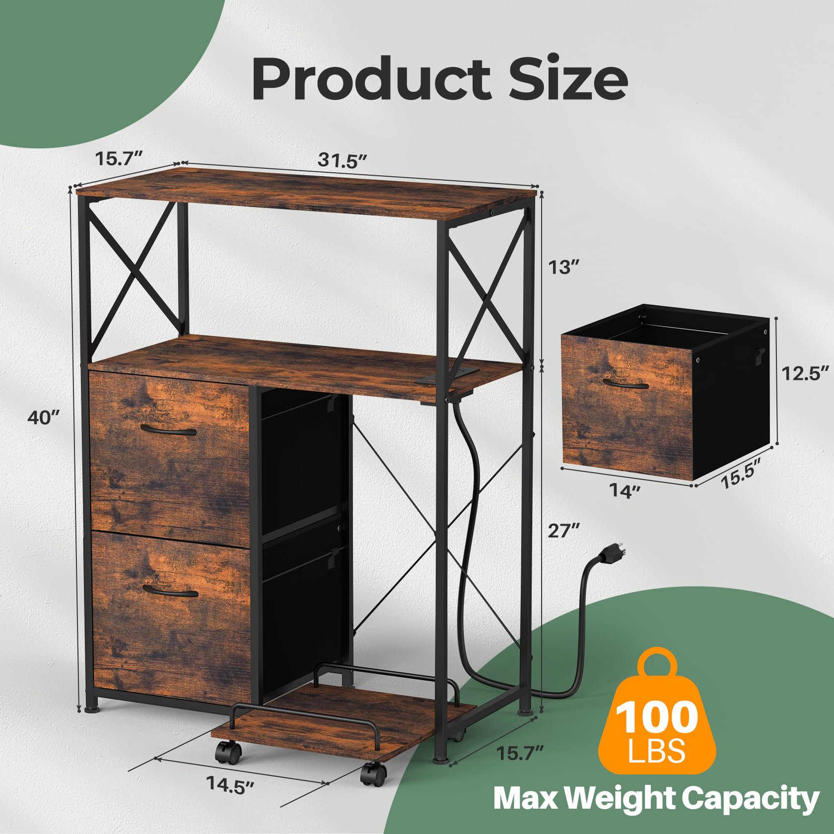2 Drawer File Cabinet with Charging Station - Vertical Office Storage & Printer Stand for Home & Workspace - Organize PC Tower, Host Computer & Documents - Perfect for Small Offices & Remote Work