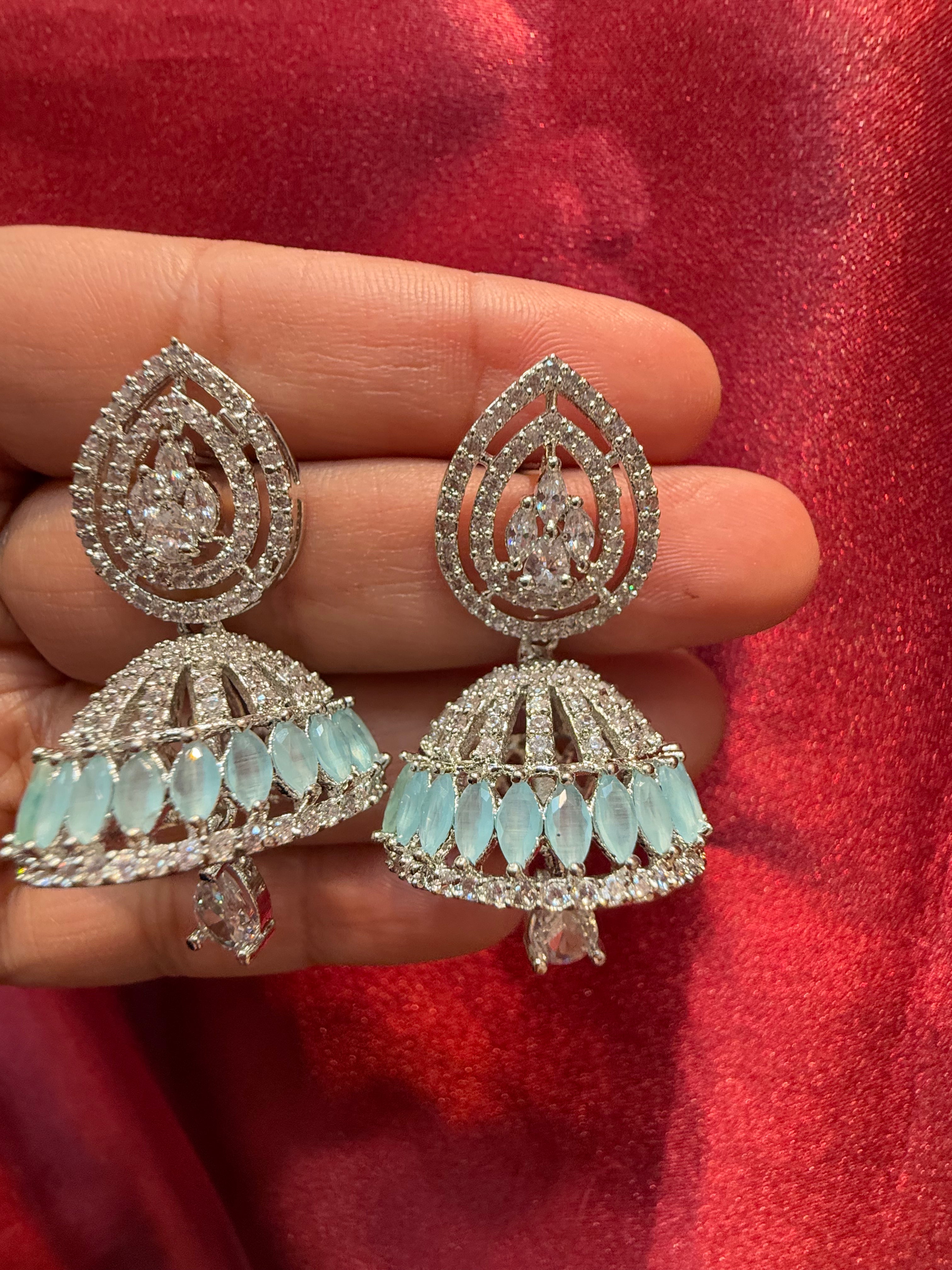 Elegant American Diamond Jhumka Earrings with Light Blue & White Stone Beads | Perfect for Weddings, Parties & Festive Occasions