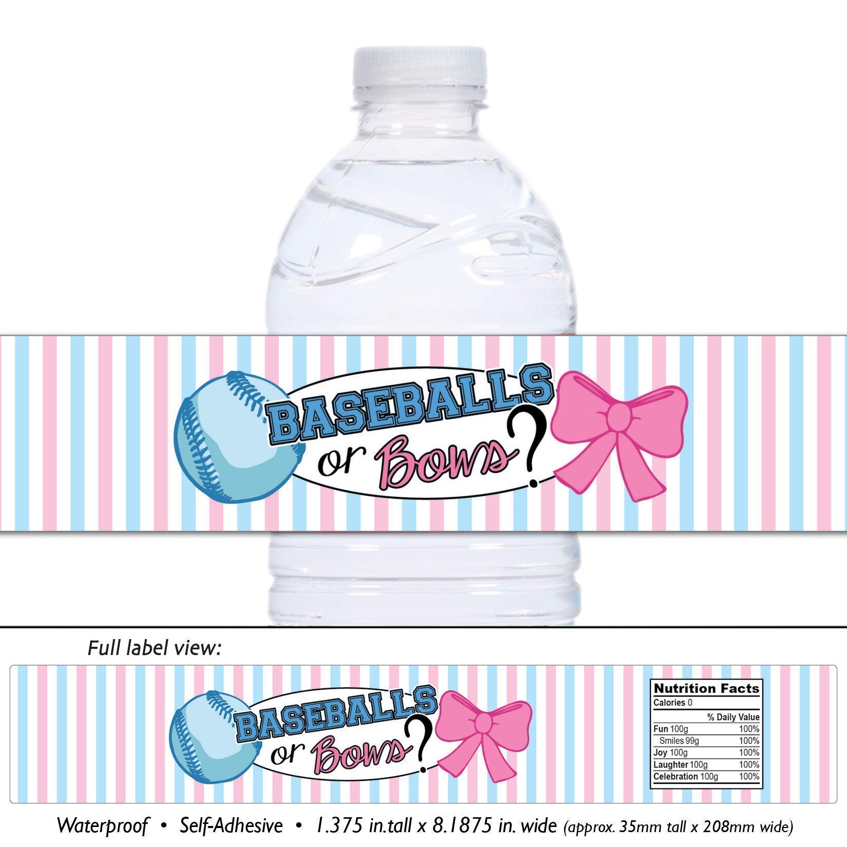 Pink and Blue Waterproof Self-Adhesive Water Bottle Labels - 21 Gender Reveal Baseball & Bow Stickers for Baby Shower, Birthday Party Decorations