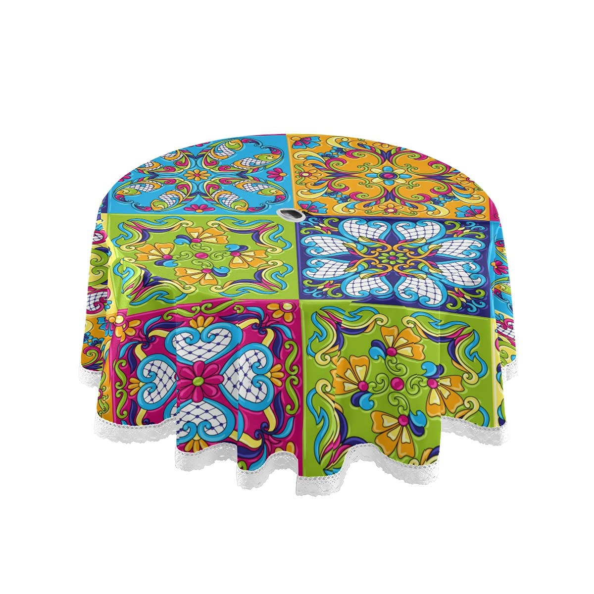 Waterproof 60 Inch Round Mexican Talavera Outdoor Tablecloth - Polyester Table Cover with Umbrella Hole & Zipper for Kitchen, Picnic, Party, Garden, and Patio Decorations