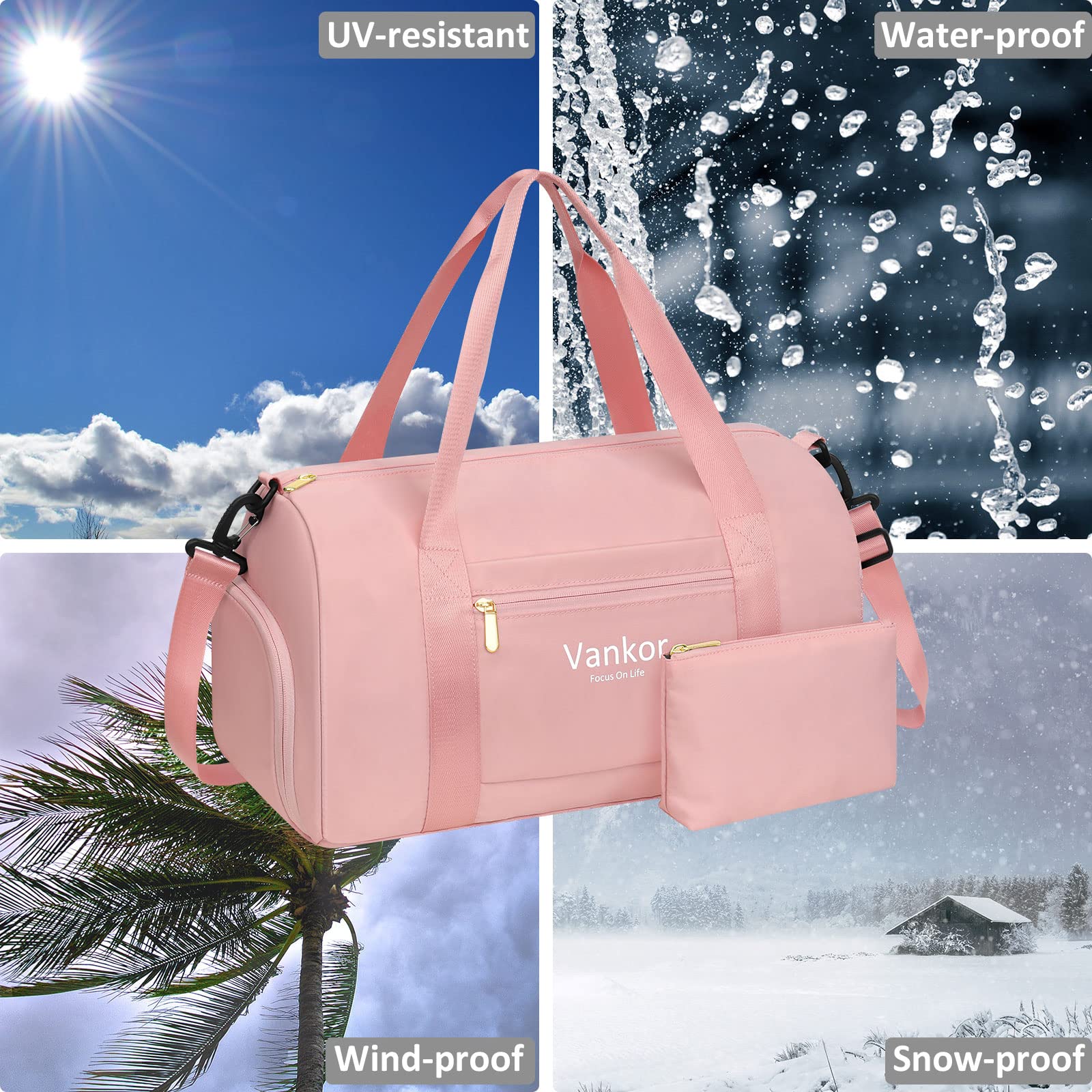 Women's Waterproof Gym Bag with Shoe Compartment - Medium Pink Sports Duffle Bag for Workout, Yoga, Travel & Fitness