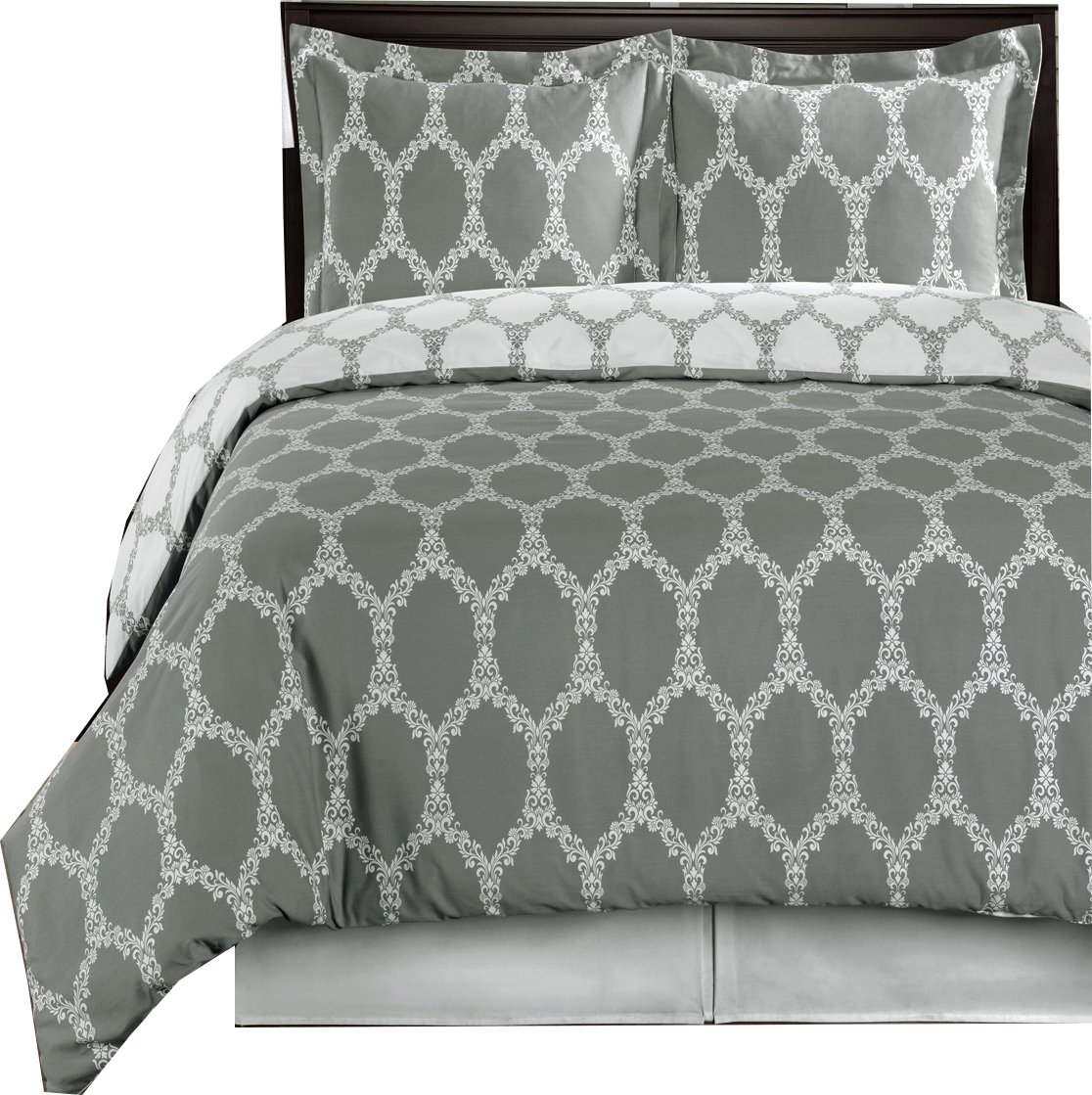 7-Piece Twin XL Bed in a Bag Set - 100% Cotton Grey/White Brooksfield Printed Duvet Cover, White Sheet Set, Bed Skirt & All-Season Down Alternative Comforter | Complete Bedding Solution for Dorms, Guest Rooms & Small Spaces