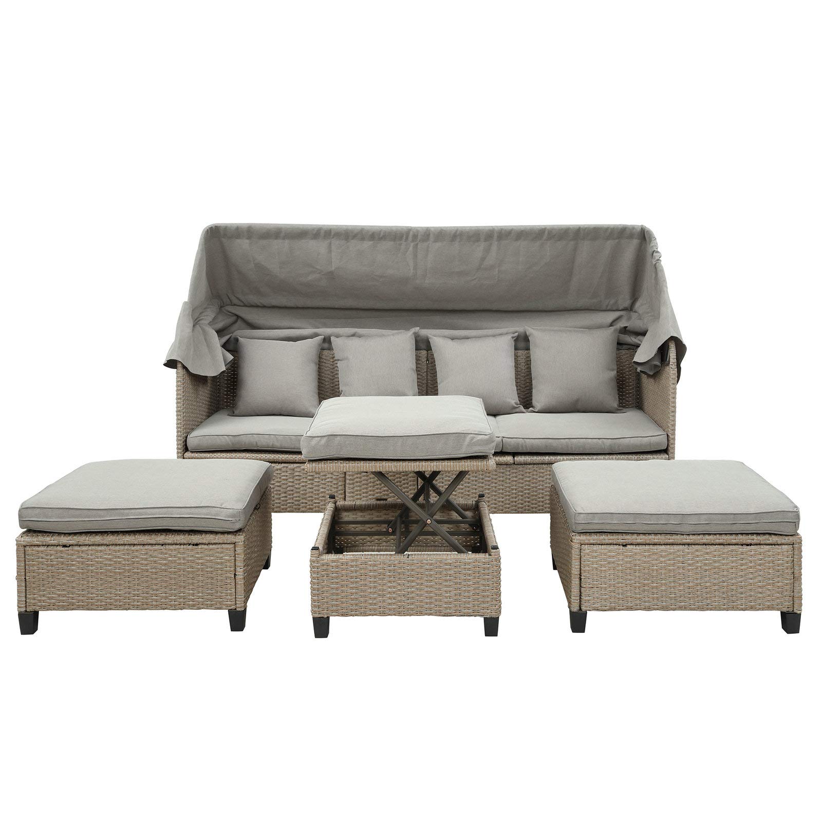 4-Piece Outdoor Patio Furniture Set with Retractable Canopy - All-Weather Wicker Sofa Set with Soft Cushions & Lift-Top Coffee Table - Perfect for Garden, Backyard, Poolside & Deck Relaxation (Brown)