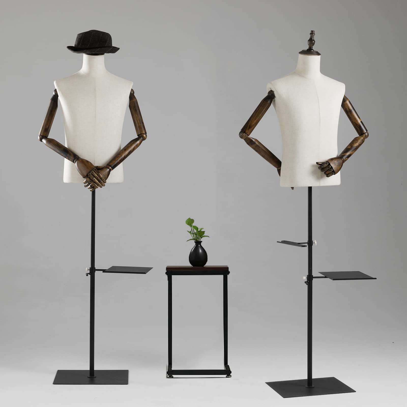 Adjustable 53-76 Inch Male Dress Form Mannequin with Wooden Arms & Metal Stand - Detachable Trousers Rack & Shoe Holder - Pinnable Torso for Clothing Display | Perfect for Retail Stores, Tailoring Shops & Fashion Design Studios