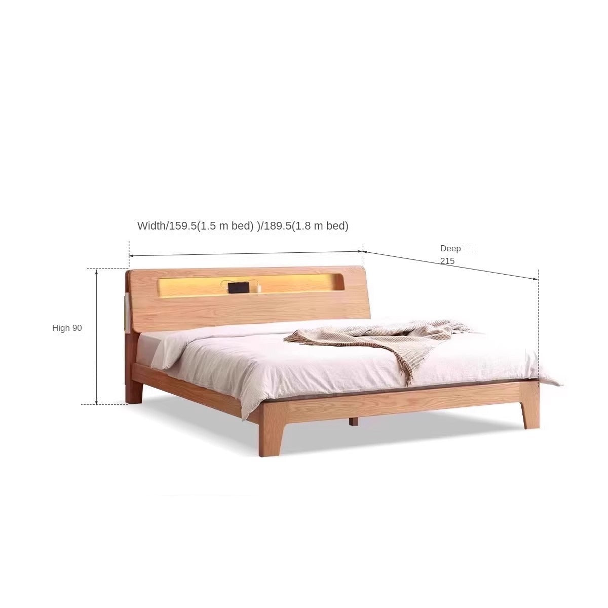 Solid Oak and Beech Wood Bed with Built-in LED Lights and Bookshelf - Modern Bedroom Furniture for Small Spaces, Lofts, and Studio Apartments