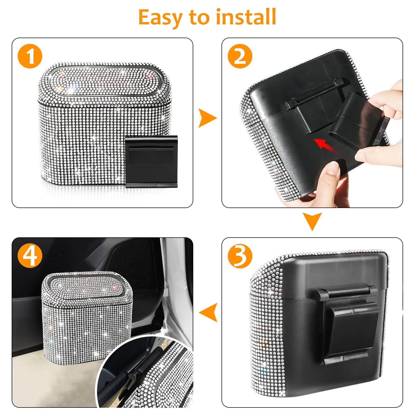 Accmor Sparkling Crystal Car Trash Can with Lid - 30pcs Garbage Bags Included - Vehicle Auto Dustbin Organizer & Garbage Storage Container - Perfect for Road Trips, Commuting, and Keeping Your Car Clean