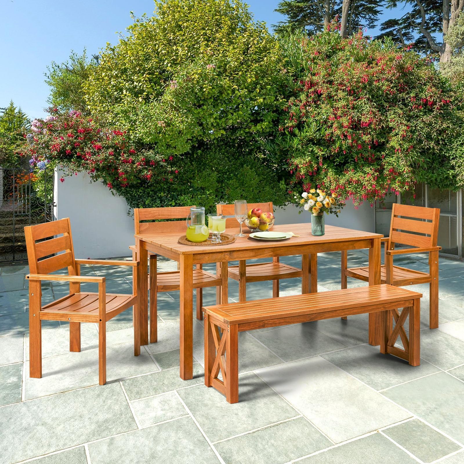 YOLENY 6-Piece Teak Solid Wood Patio Dining Set - Indoor & Outdoor Wooden Furniture for Backyard, Lawn, Garden - Perfect for Outdoor Entertaining & Relaxation