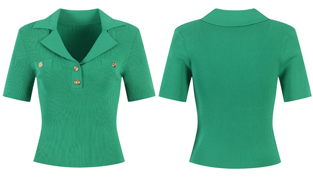 Women's Summer Casual Short Sleeve Knit Sweater with Gold Buttons - Green Pullover for Beach Outings, Date Nights & Office Wear