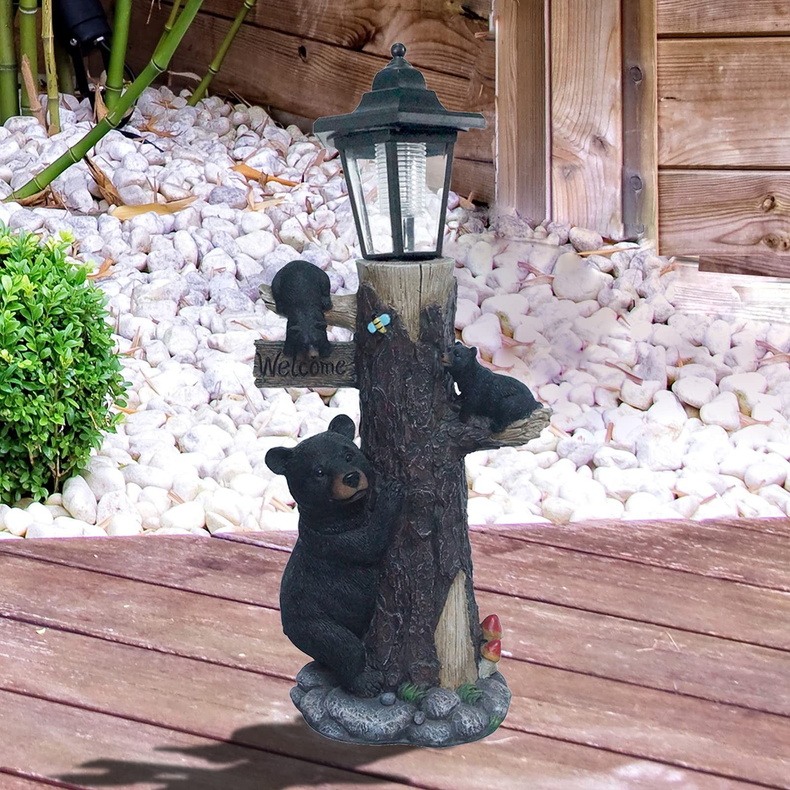 Solar-Powered Bear Statue Welcome Sign - 19 Inch Resin Bear Family on Tree Outdoor Decor for Garden, Yard, Lawn & Patio - Weatherproof Black & Brown Animal Sculpture for Rustic Home & Cabin Decor