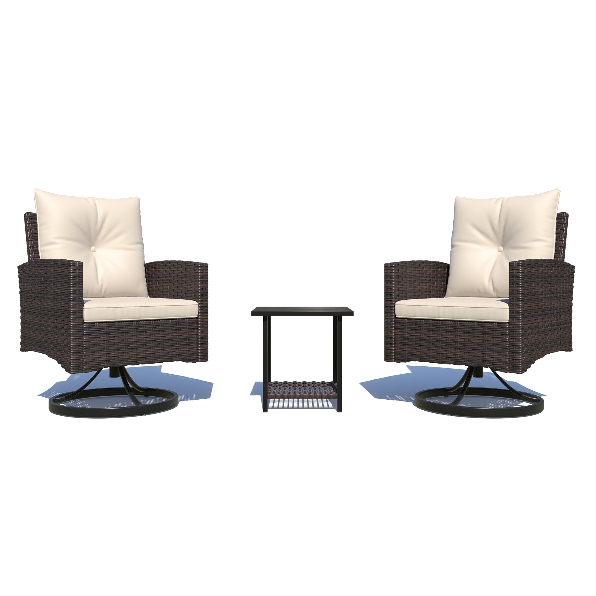 3-Piece Outdoor Patio Furniture Set with Swivel Rocking Chairs, Side Table & Washable Cushions - Beige - Perfect for Porch, Balcony, Deck, Garden and Backyard Relaxation