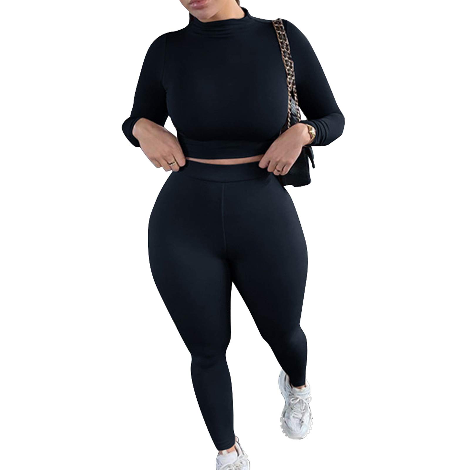 2 Piece Long Sleeve Outfits for Women - Sexy Bodycon Sweatsuits Lounge Jogger Sets - Perfect for Workout, Yoga, Running & Casual Wear