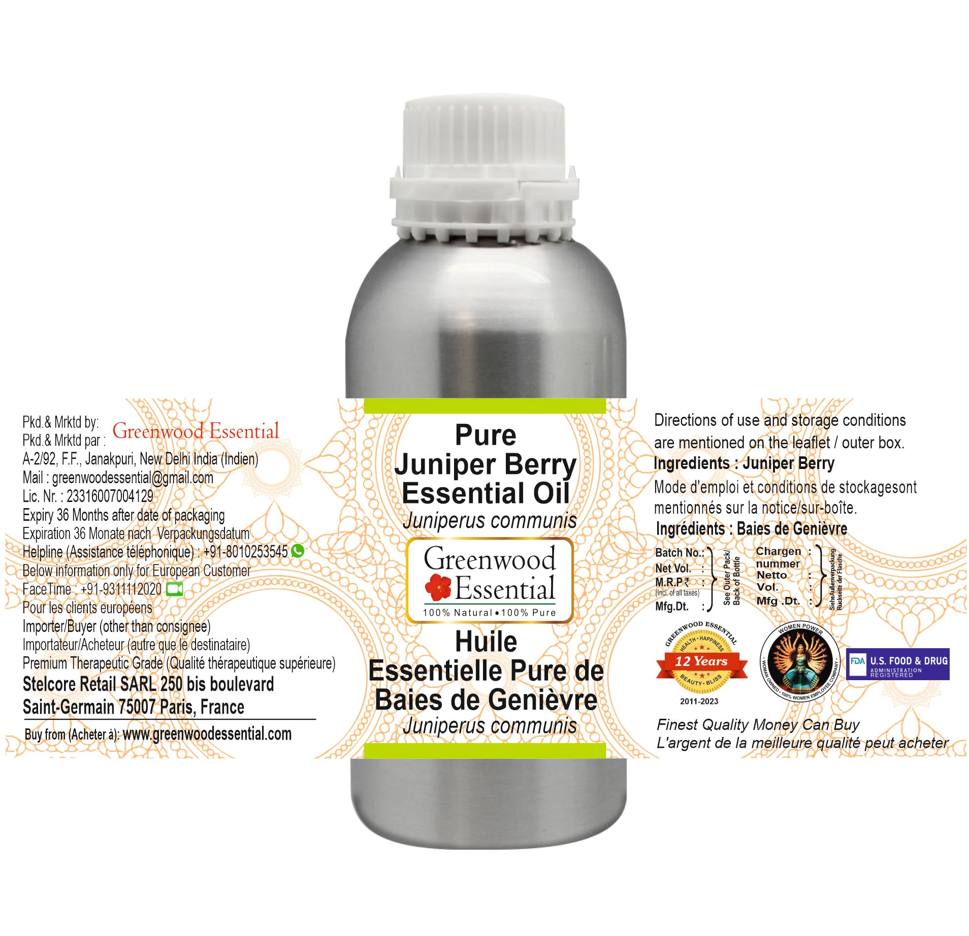 Pure Juniper Berry Essential Oil (Juniperus communis) - 100% Natural, Steam Distilled, 300ml (10 oz) for Aromatherapy, Massage & DIY Skincare | Relaxation & Stress Relief