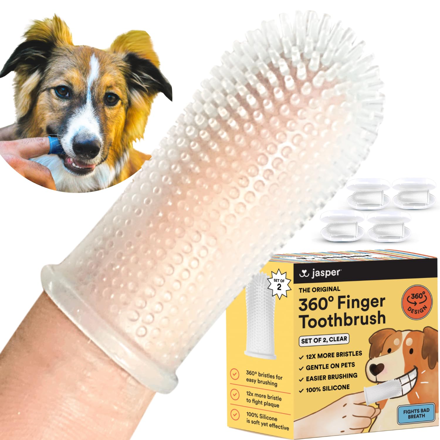 360-Degree Jasper Dog Toothbrush & Cat Toothbrush Kit - 4 Pack Pet Finger Toothbrush for Teeth Cleaning with Dog Toothpaste - Perfect for Daily Oral Care at Home or Vet Visits