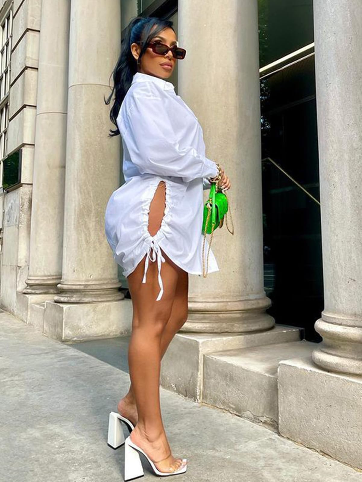 GEMEIQ Women's Sexy V-Neck Button Down Shirt Dress with Drawstring - Long Sleeve Clubwear & Night Out Blouse (White) | Perfect for Parties, Date Nights & Casual Office Wear