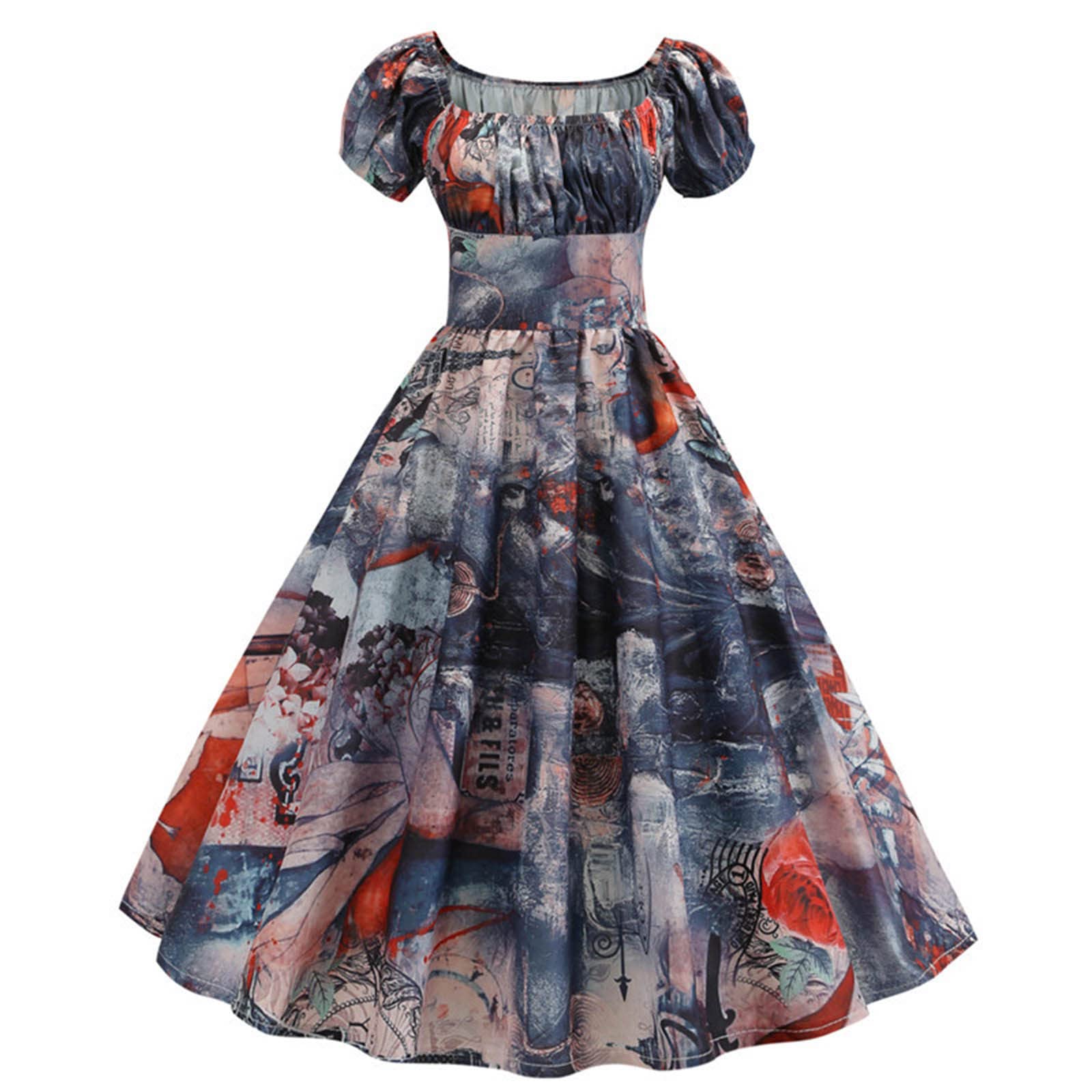 Women's Floral Print Cocktail Party Dress - Vintage Puff Sleeve Square Neck A-Line Pleated Mini Dress for Summer Weddings, Date Nights & Special Occasions