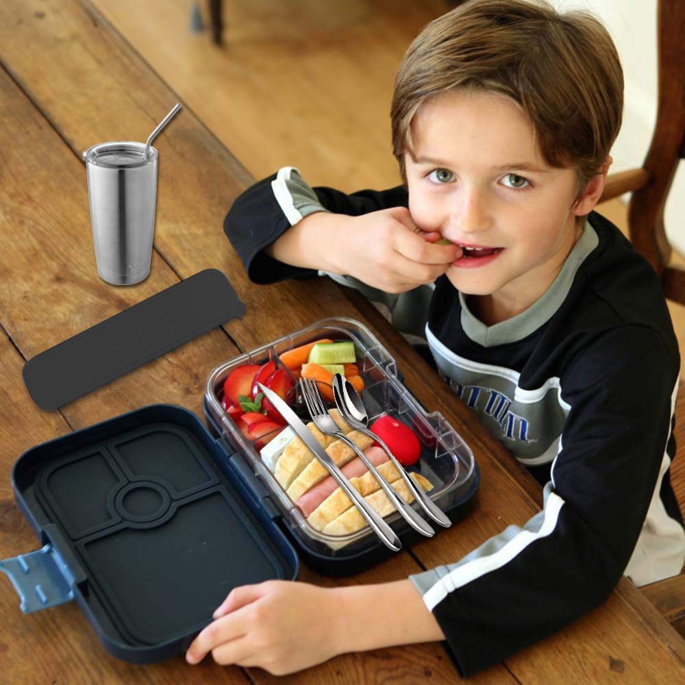 7-Piece Stainless Steel Travel Cutlery Set with Case - Includes Fork, Knife, Spoon, Chopsticks, 2 Straws & Cleaning Brush - Durable 304 Stainless Steel Portable Silverware for Camping, Picnics & Office Lunch - Black