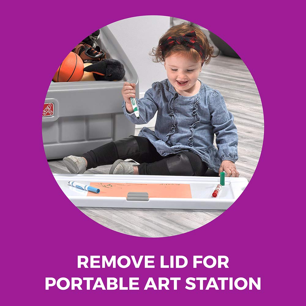 Step2 2-in-1 Toy Box & Art Easel - Durable Plastic Kids Toy Storage Organizer with Art Lid & Chest - Gray Toy Bin for Toddlers 2+ Years - Perfect for Playroom, Nursery & Preschool Classroom Organization