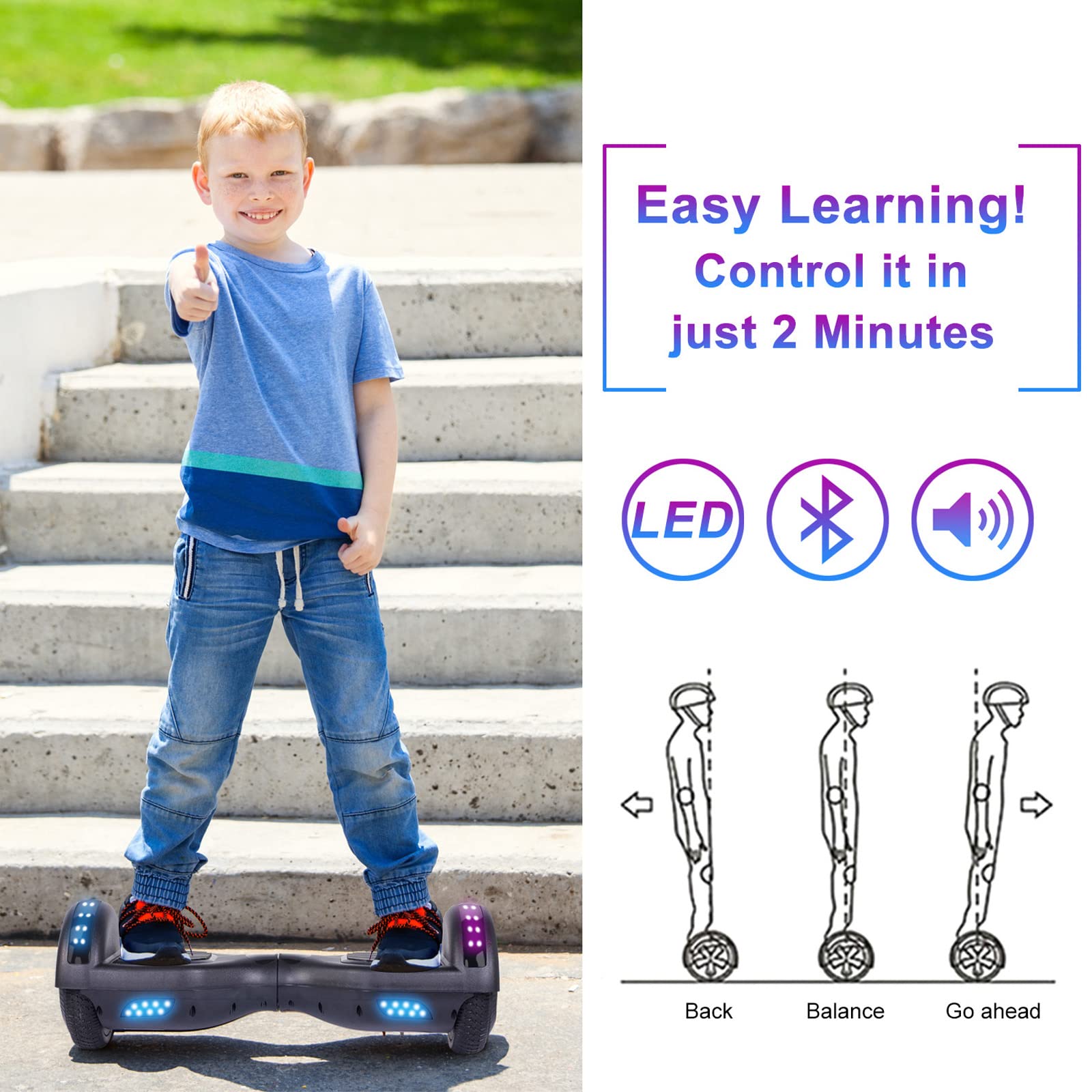 SISIGAD Hoverboard for Kids Ages 6-12 - Bluetooth Speaker & 6.5