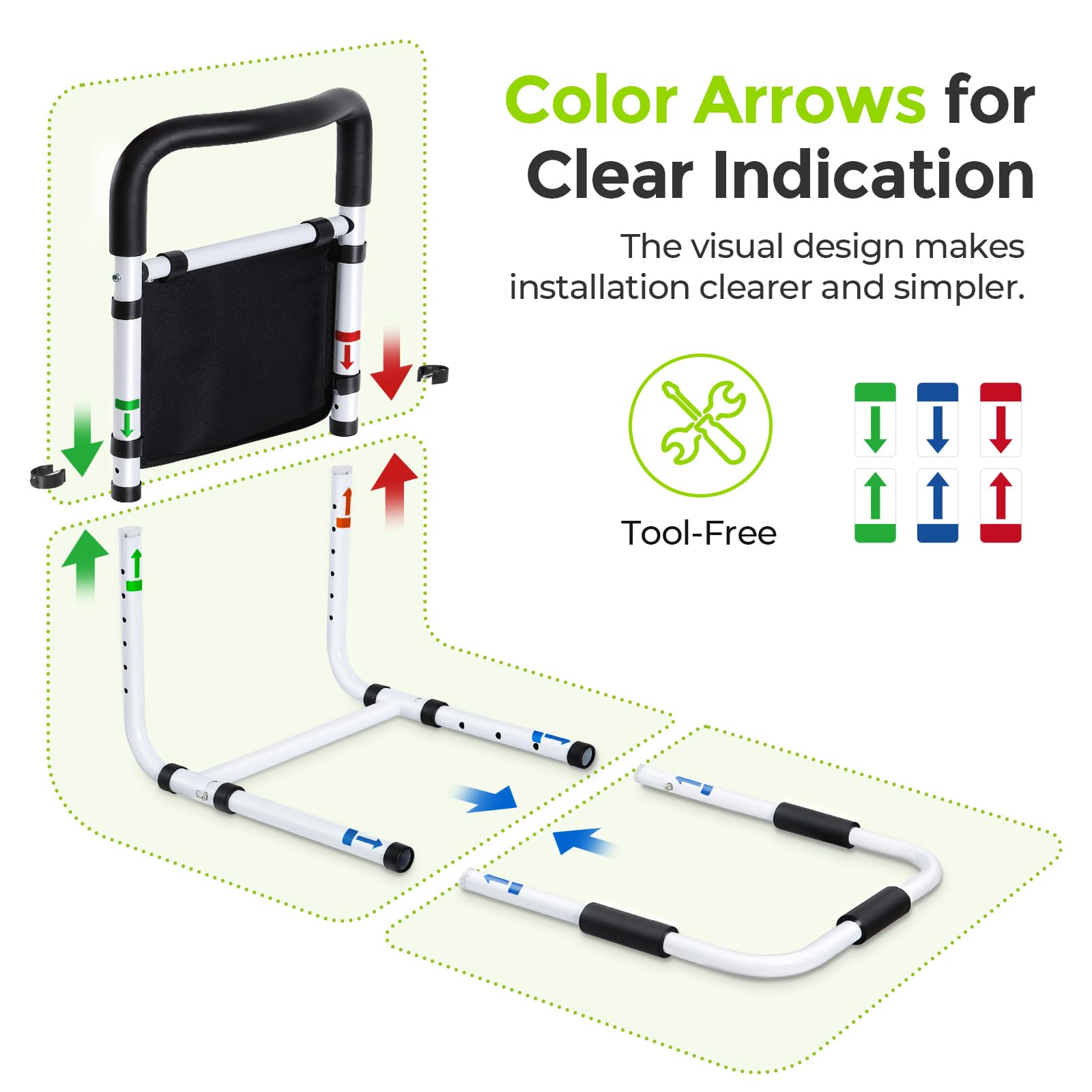 AUVON Adjustable Bed Rails for Elderly Adults - Heavy Duty Safety Bed Assist Rail with Double Crossbeam & Storage Pocket - High Support Bed Guard for Seniors to Get In/Out of Bed Safely - Ideal for Home Care, Hospital Use & Mobility Assistance