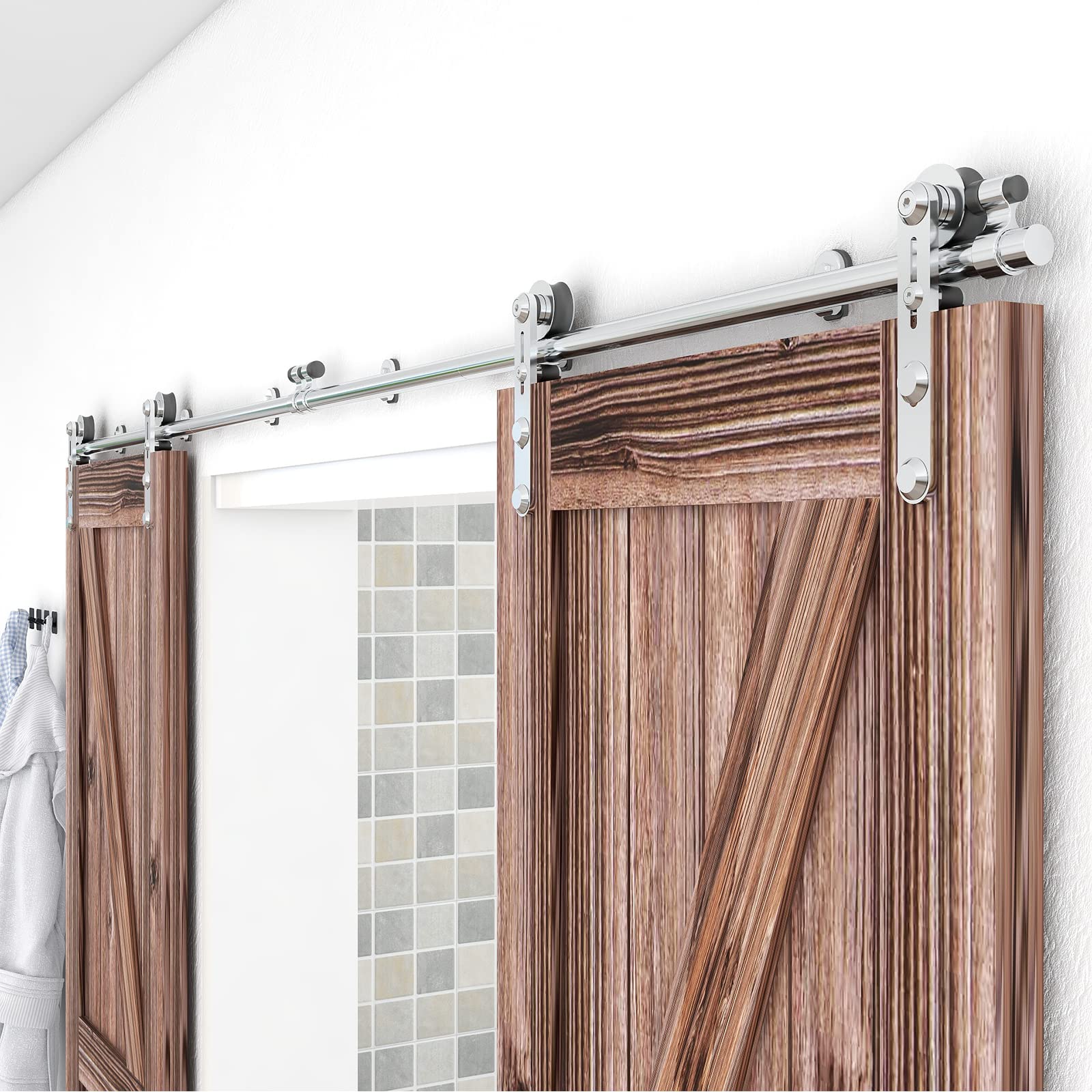 TSMST 6FT Heavy Duty Stainless Steel Sliding Barn Door Hardware Kit - Smooth Quiet Double Wood Door Track (I Style) - Perfect for Home Office, Bedroom & Rustic Interior Design