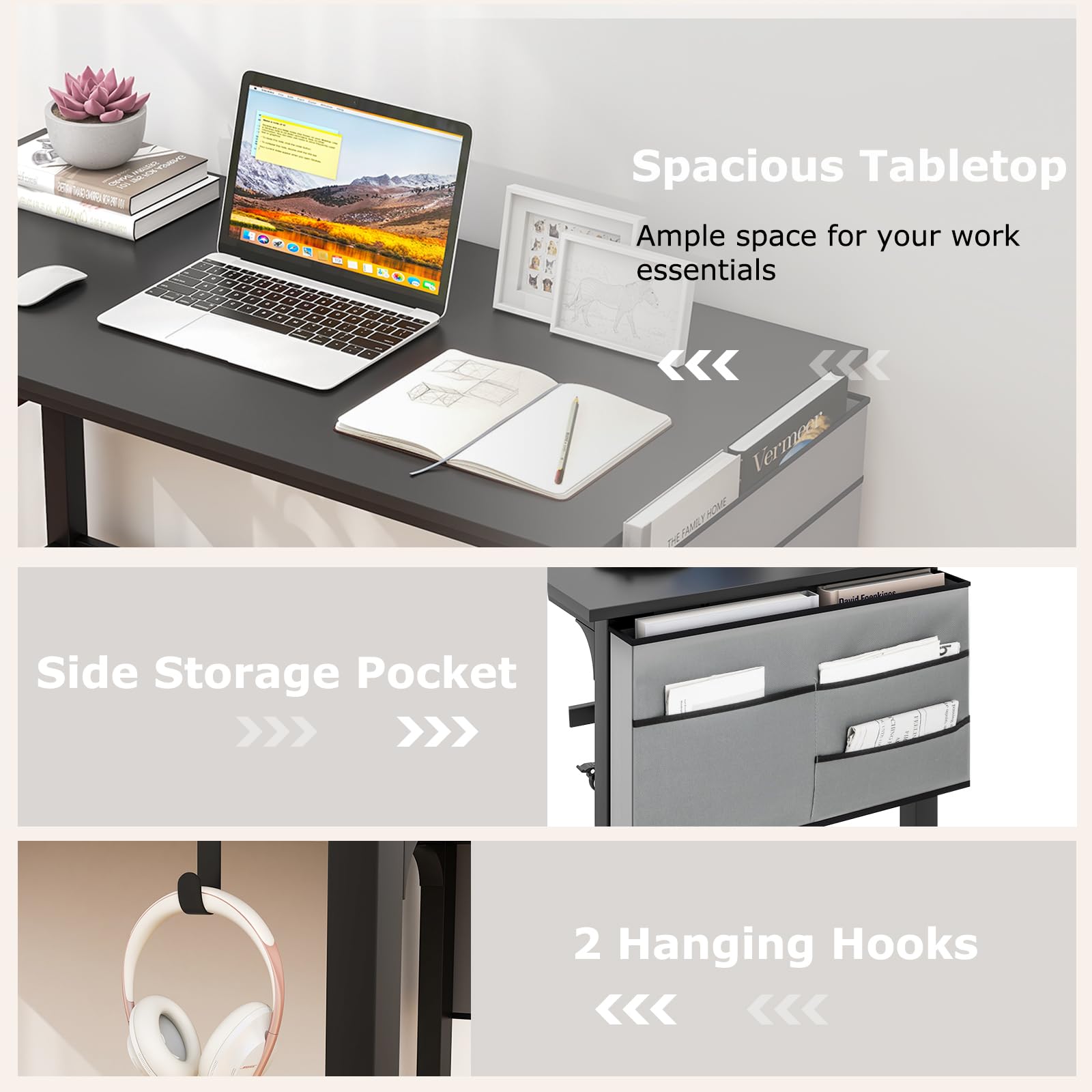 Tangkula 48 Inch Mobile Computer Desk with Storage Bag & 2 Hooks - Rolling Home Office Desk with Lockable Wheels, Study Writing Table for Bedroom, Dorm, Small Space - Perfect for Remote Work & Online Classes