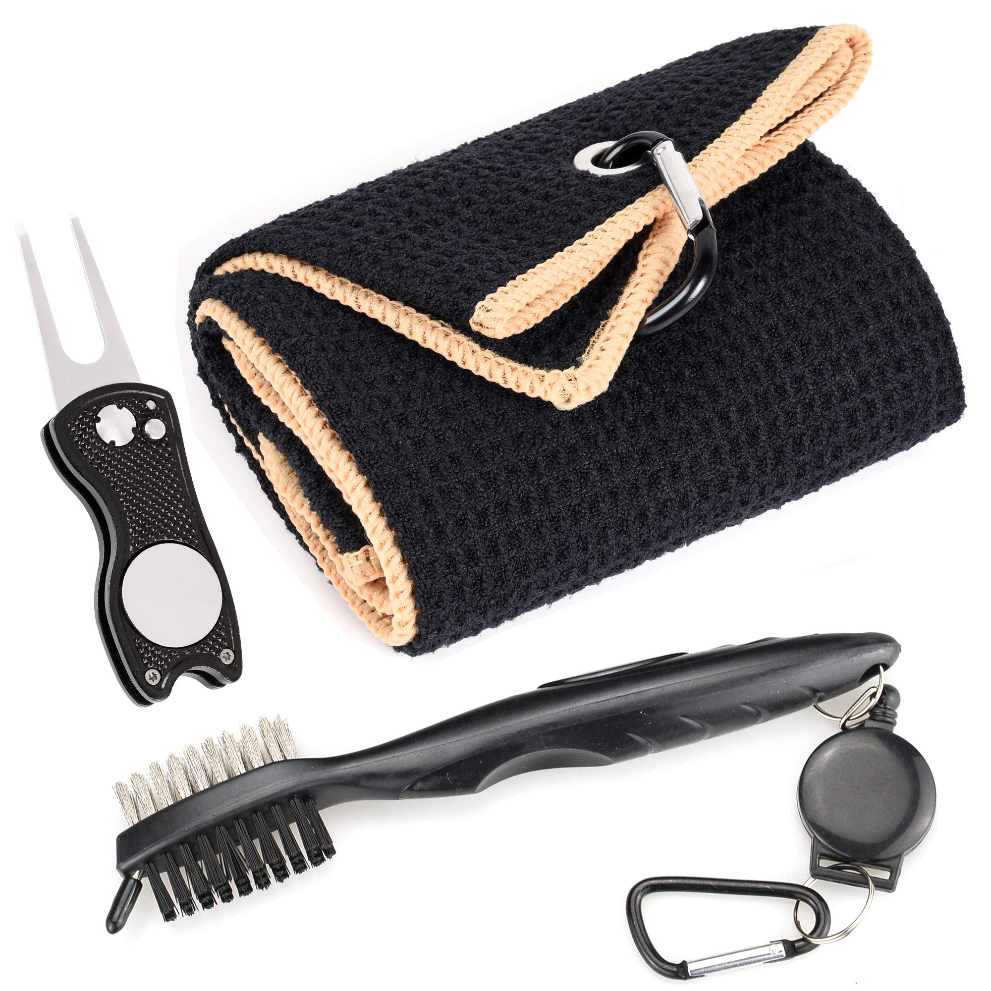 Premium Microfiber Waffle Pattern Golf Towel with Club Groove Cleaner Brush | Magnetic Ball Marker Divot Tool | Foldable Design for Golf Course & Practice Range Use