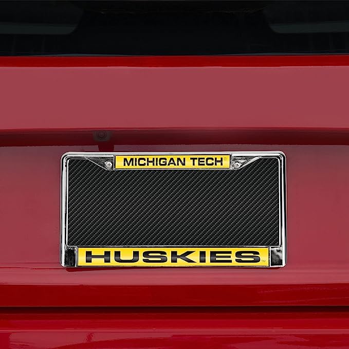 Michigan Tech Huskies Chrome Metal Laser Cut License Plate Frame - Set of 2, Durable Car Accessories for Alumni and Fans - Perfect for Trucks, SUVs, and College Pride Display