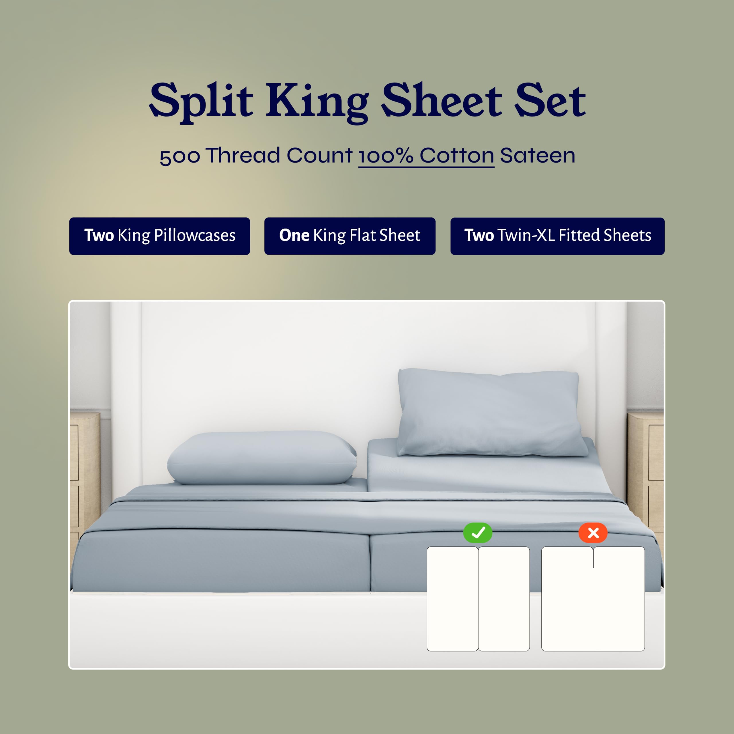 Luxury 100% Cotton 500 Thread Count Split King Sheets Set - Soft Hotel Quality Bedding for Adjustable Beds - Includes Twin XL Fitted Sheet - Snug Fit & Breathable (Light Blue) - Perfect for Master Bedrooms, Guest Rooms & Luxury Hotels
