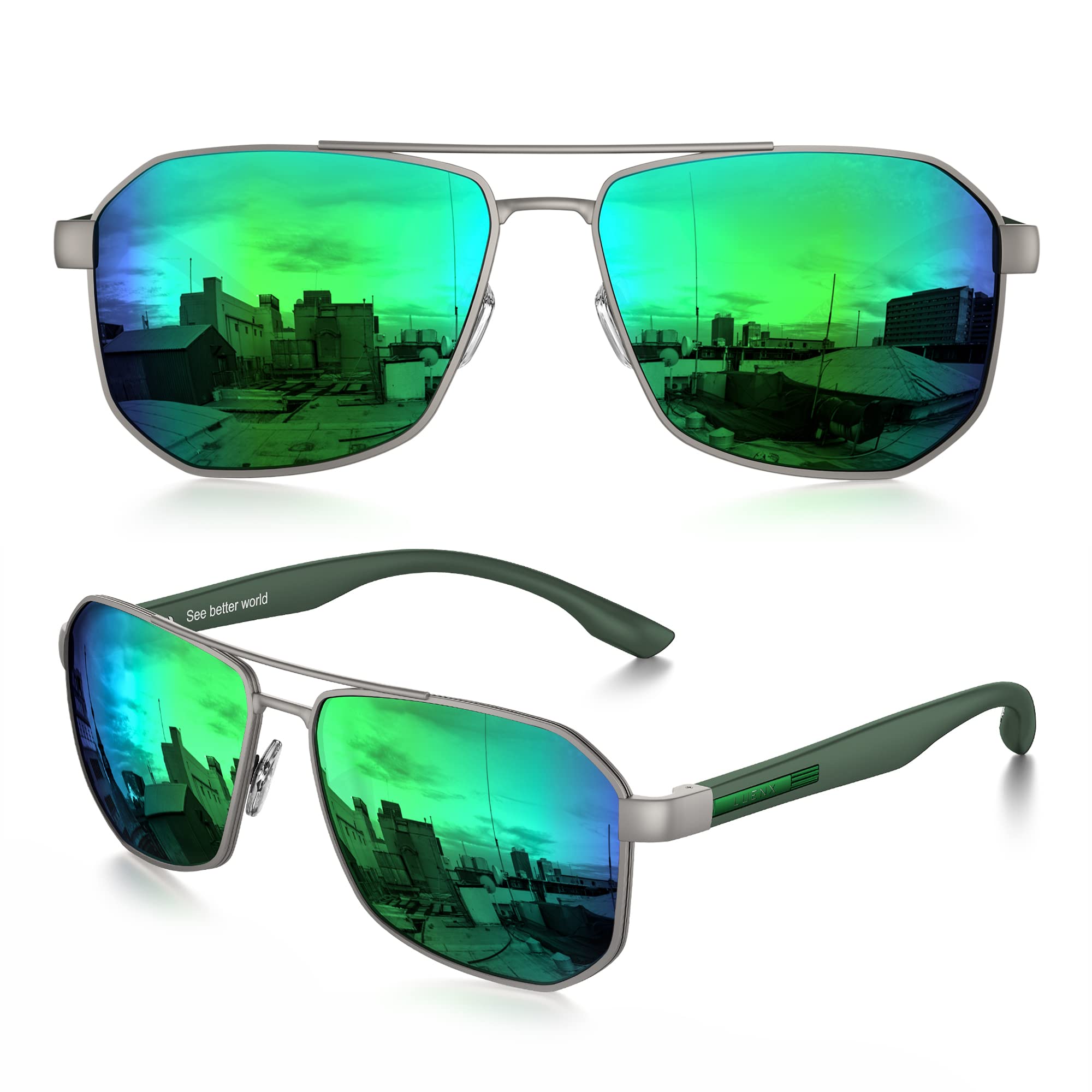 LUENX Polarized Aviator Sunglasses for Men - UV 400 Protection Square Polygon Lens with Case & Cleaning Cloth | Driving, Outdoor Sports & Fashion Accessories